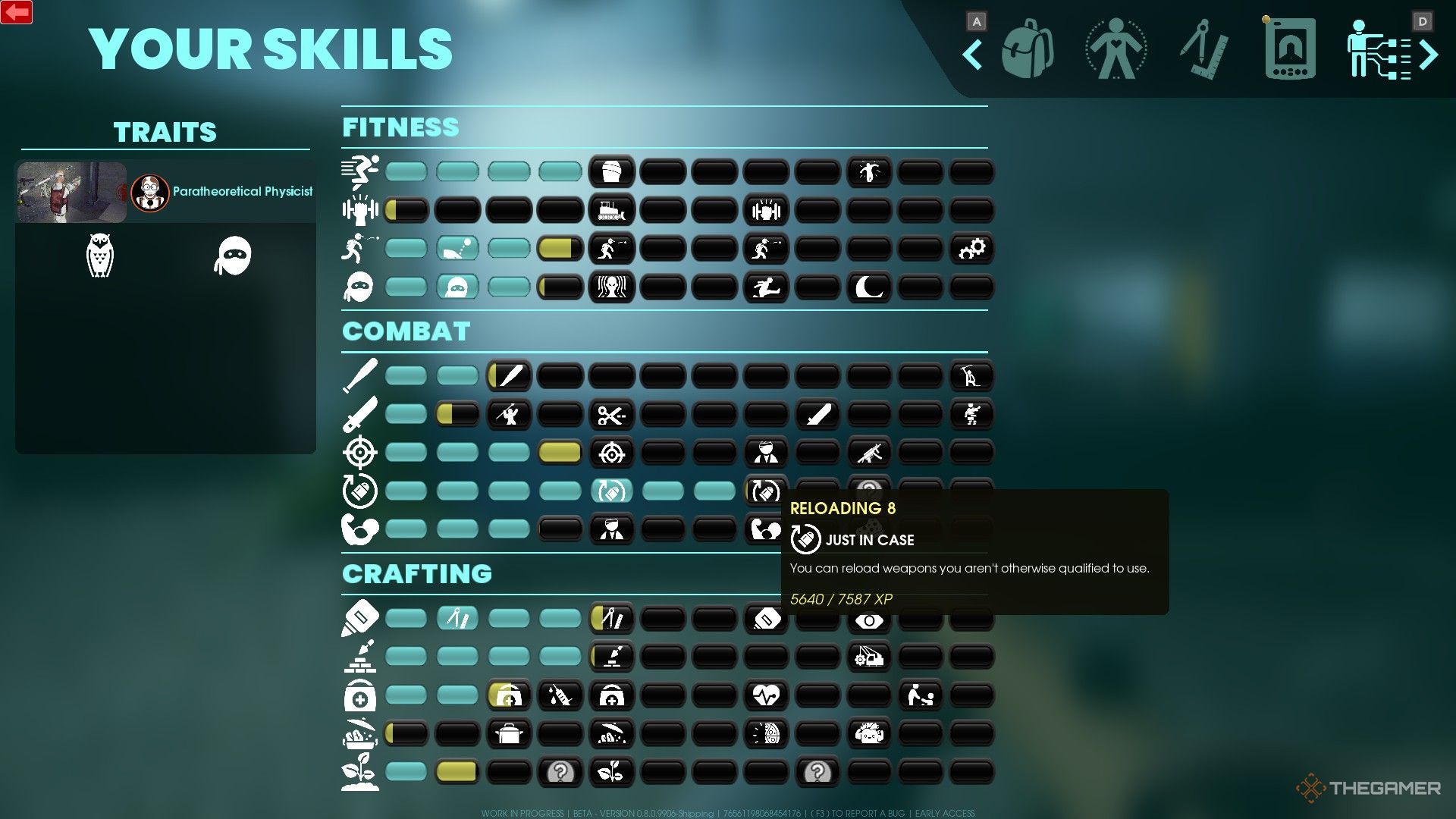 A screenshot from Abiotic Factor showing the skill screen with a number of skills unlocked. The cursor is hovering over the &lsquo;reloading 8&rsquo; skill, which offers the &lsquo;Just In Case&rsquo; skill to reload weapons you are not trained for.