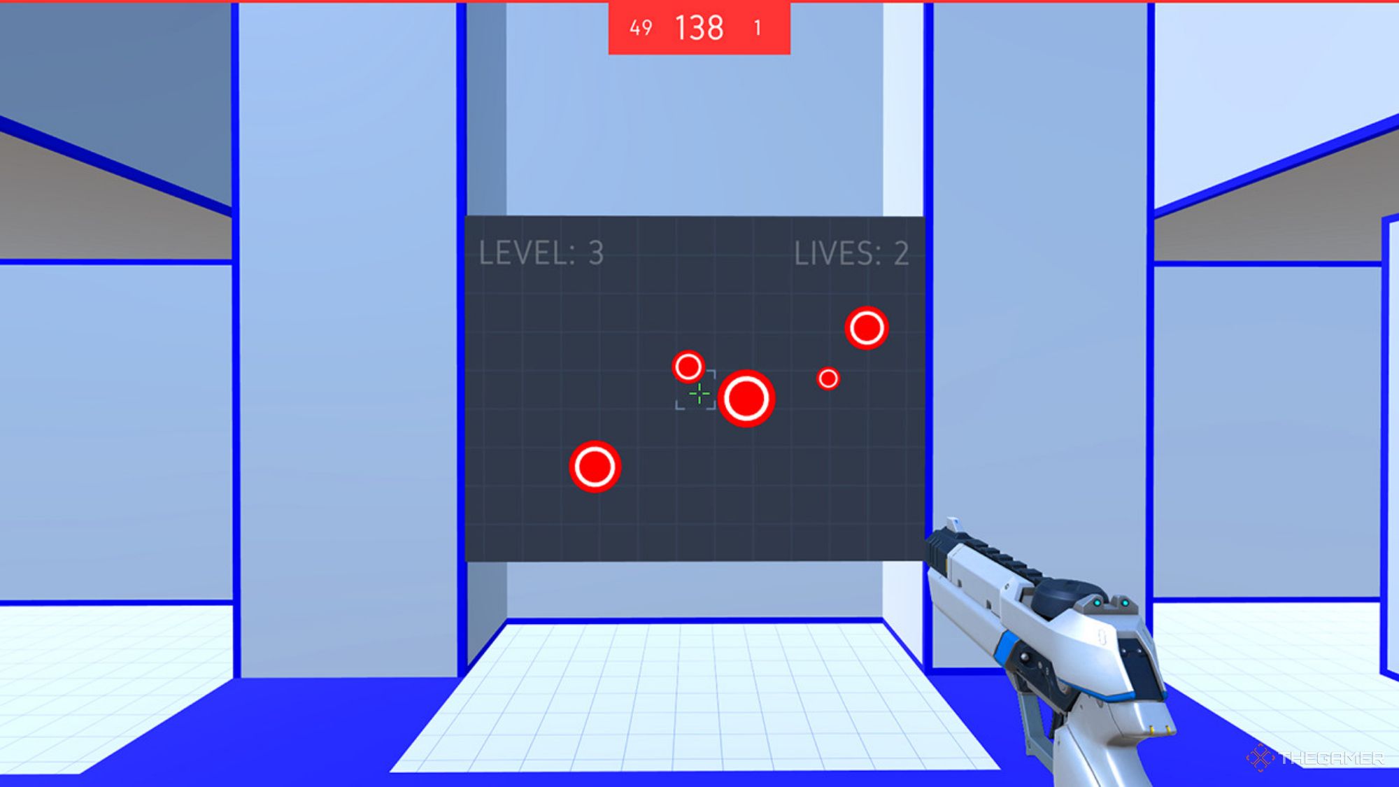 An image from Aim Hero, a basic Aim Trainer on Steam that allows you to use a pistol on basic targets, and presents a life system.