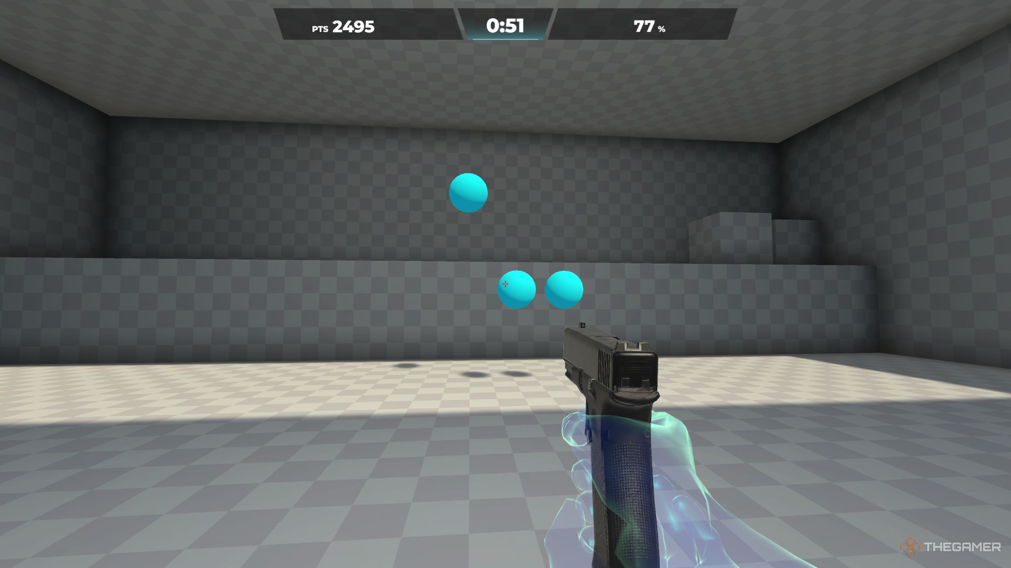 An image from Aimlabs of the Firing Range, where you can practice your aim and get advanced statistics on how you did. 