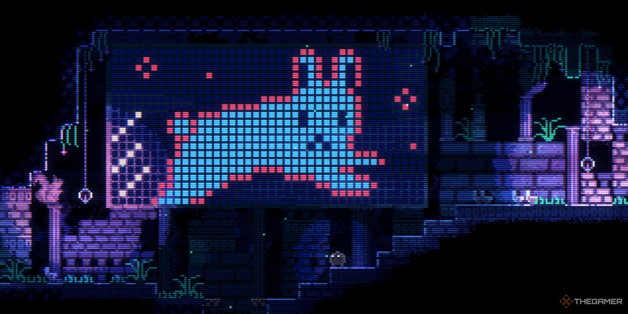 The player character looking at the bunny mural in Animal World.