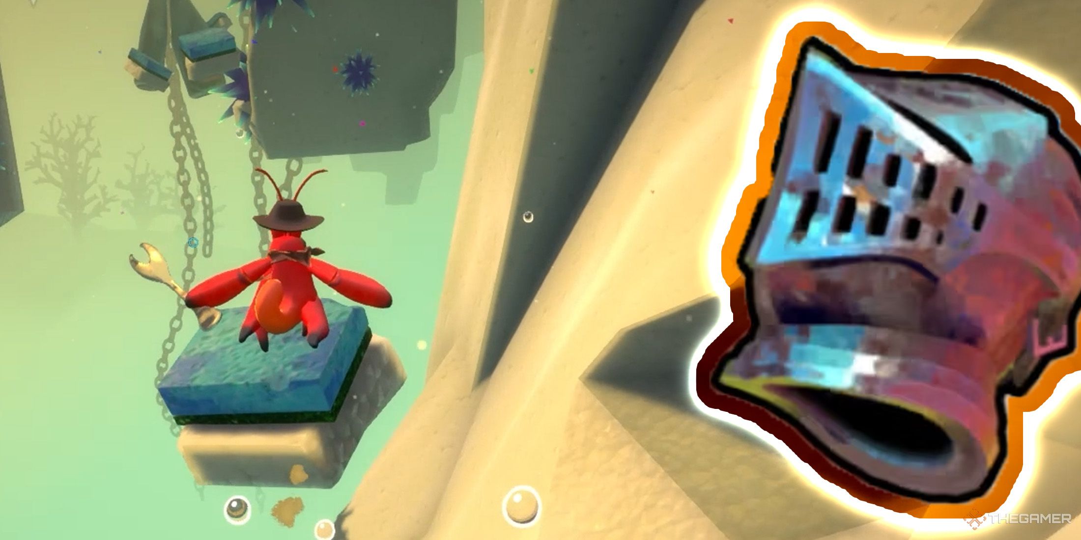 Another Crab's Treasure - Kril is jumping towards to blue sponge and a Knight's Helmet shell on right side