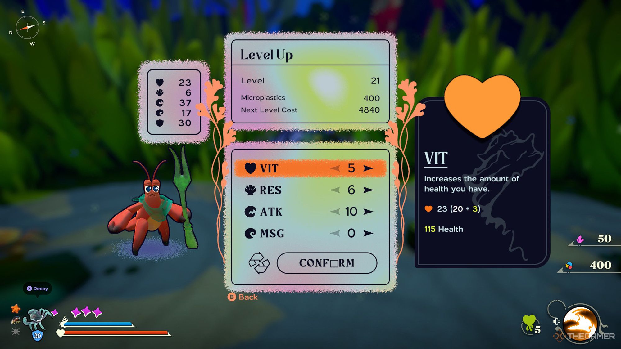 Another Crab's Treasure - Level up screen displays Kril's stats