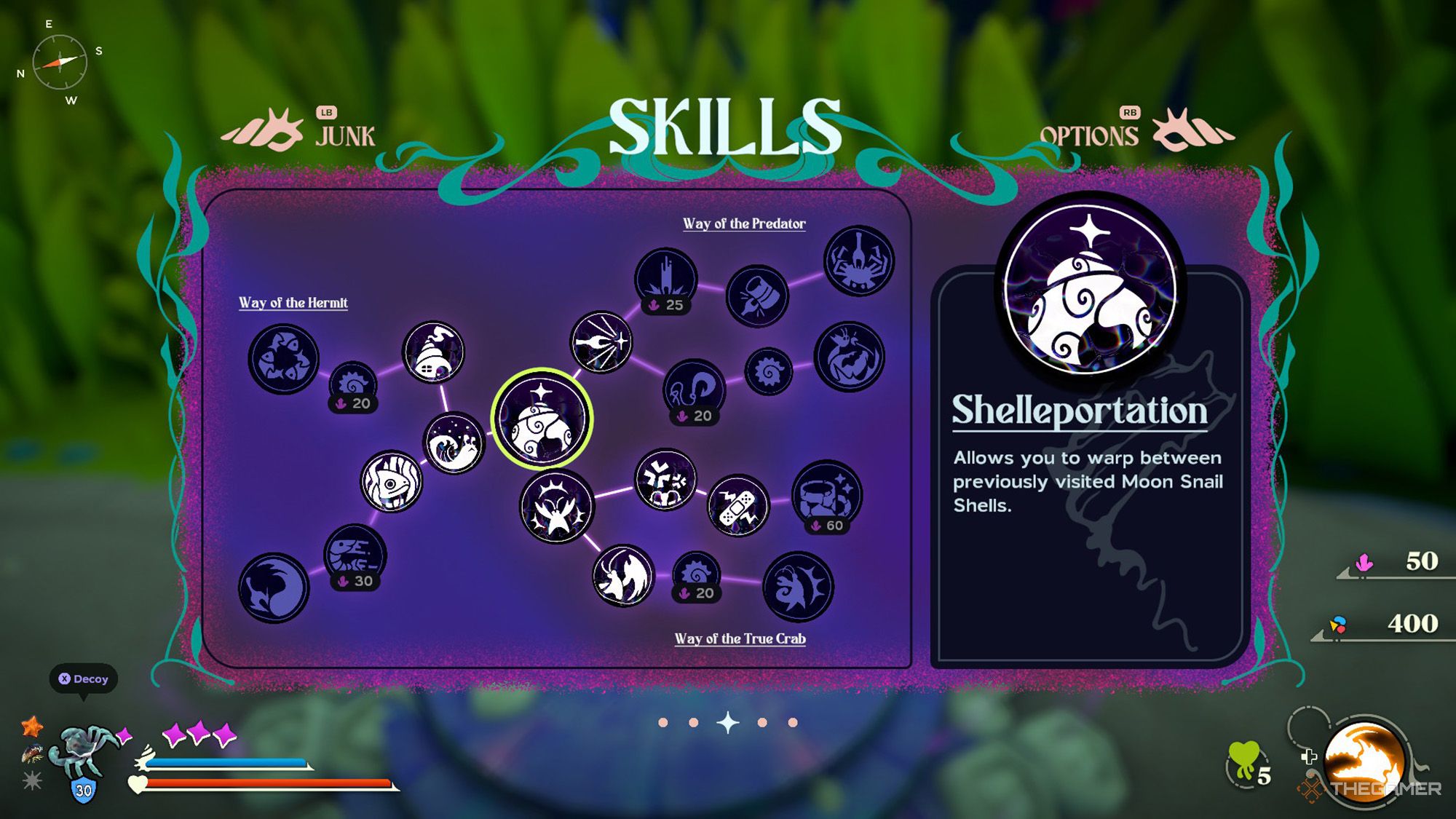 Another Crab's Treasure - Skills screen displays some skills that Kril has unlocked before a tough battle