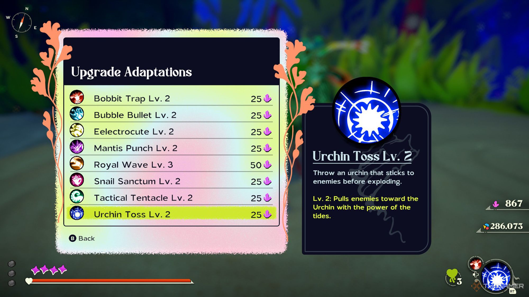 Another Crab's Treasure - Topoda's adaptation upgrade screen displays eight different upgrades