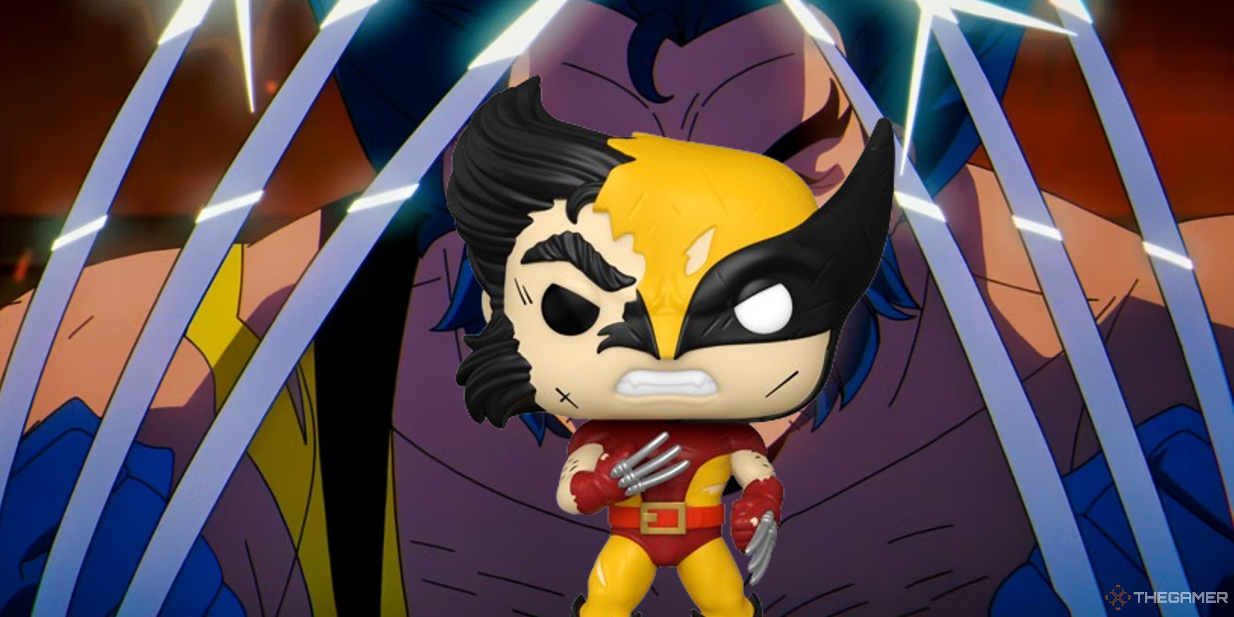 battle damaged wolverine funko pop in front of wolverine in x-men '97