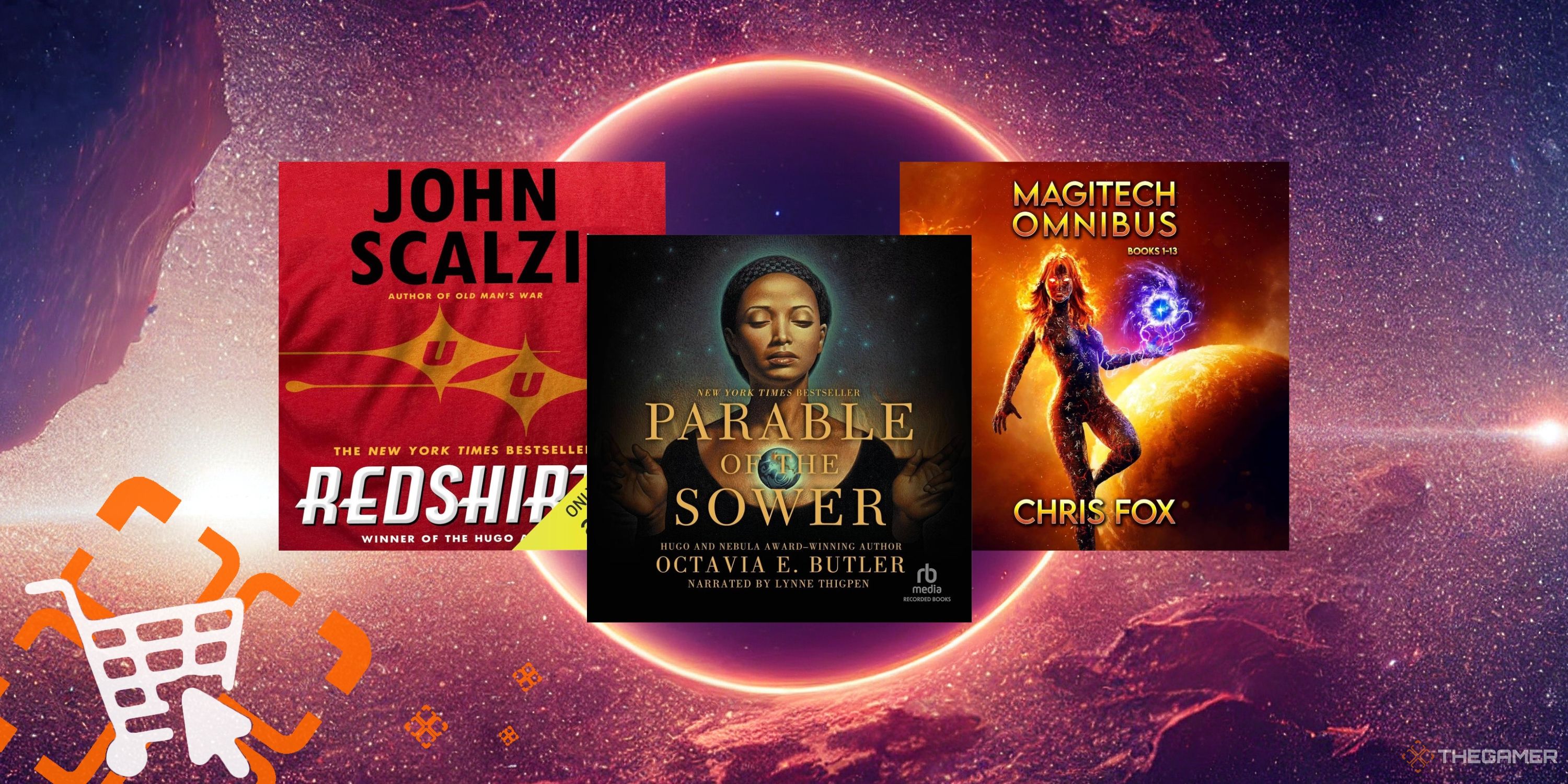 Collage of three audio books (Red Shirts, Parable of the Sower, Magitech Omnibus) overlayed on a space asteroid belt background