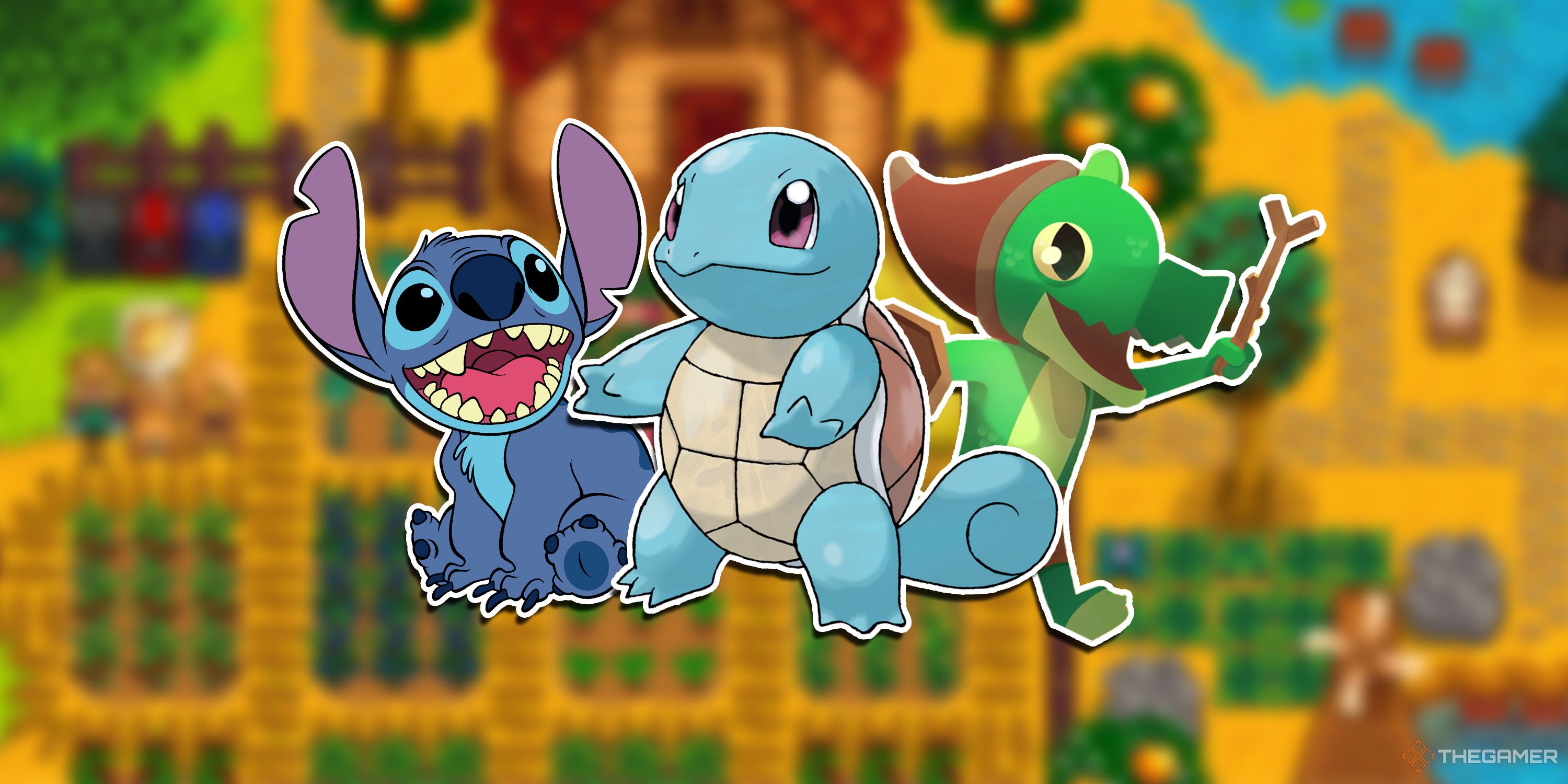 Stitch from Disney Dreamlight Valley, Squirtle from Pokemon, and Lil Gator from Lil Gator Game.