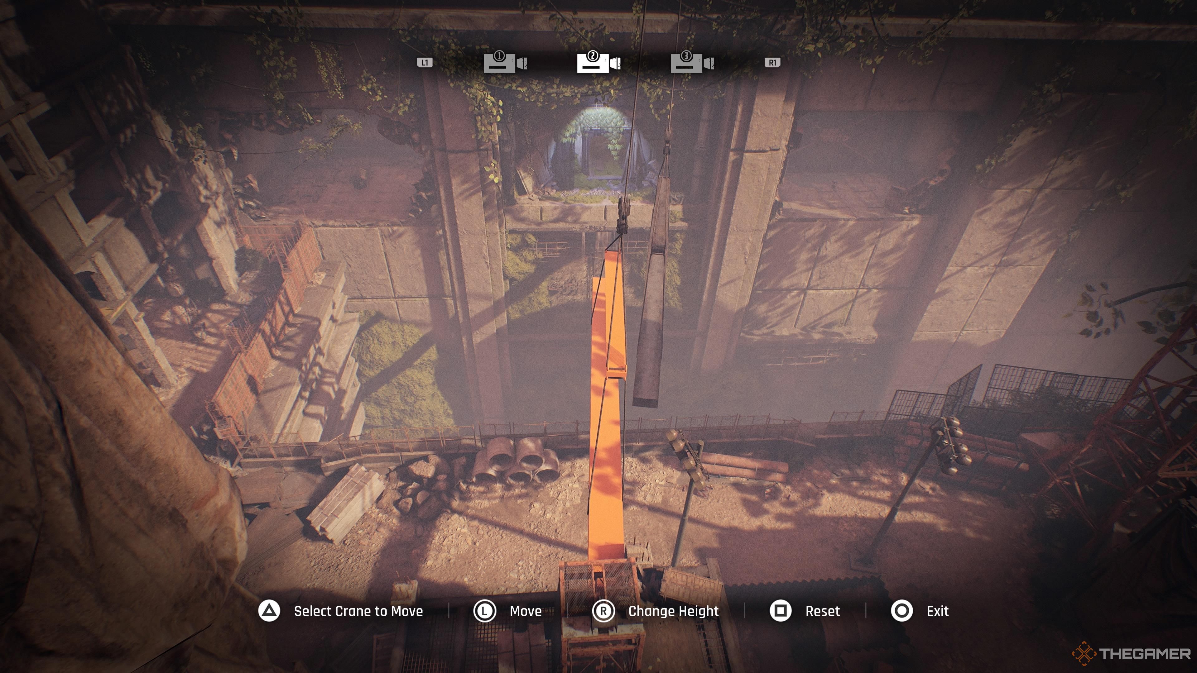 A camera displays construction crane controls and a view of two separate cranes from a puzzle in Stellar Blade.