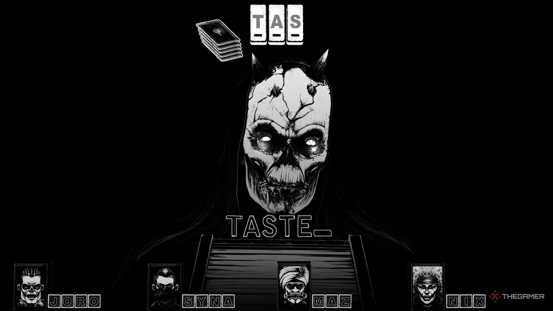 The Cryptmaster holds a chest while peering inside, the answer is shown by three blank letters above his head. The player has typed out &lsquo;Taste&rsquo; in the prompt space.
