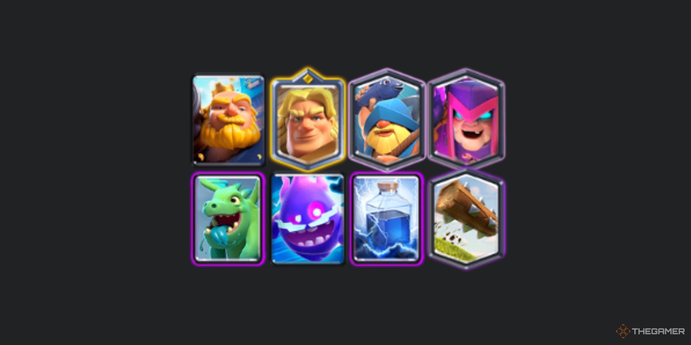 A deck created using the Golden Knight, Royal Giant, Fisherman, Mother Witch, Baby Dragon, Electro Spirit, Lightning Spell and The Log Spell.