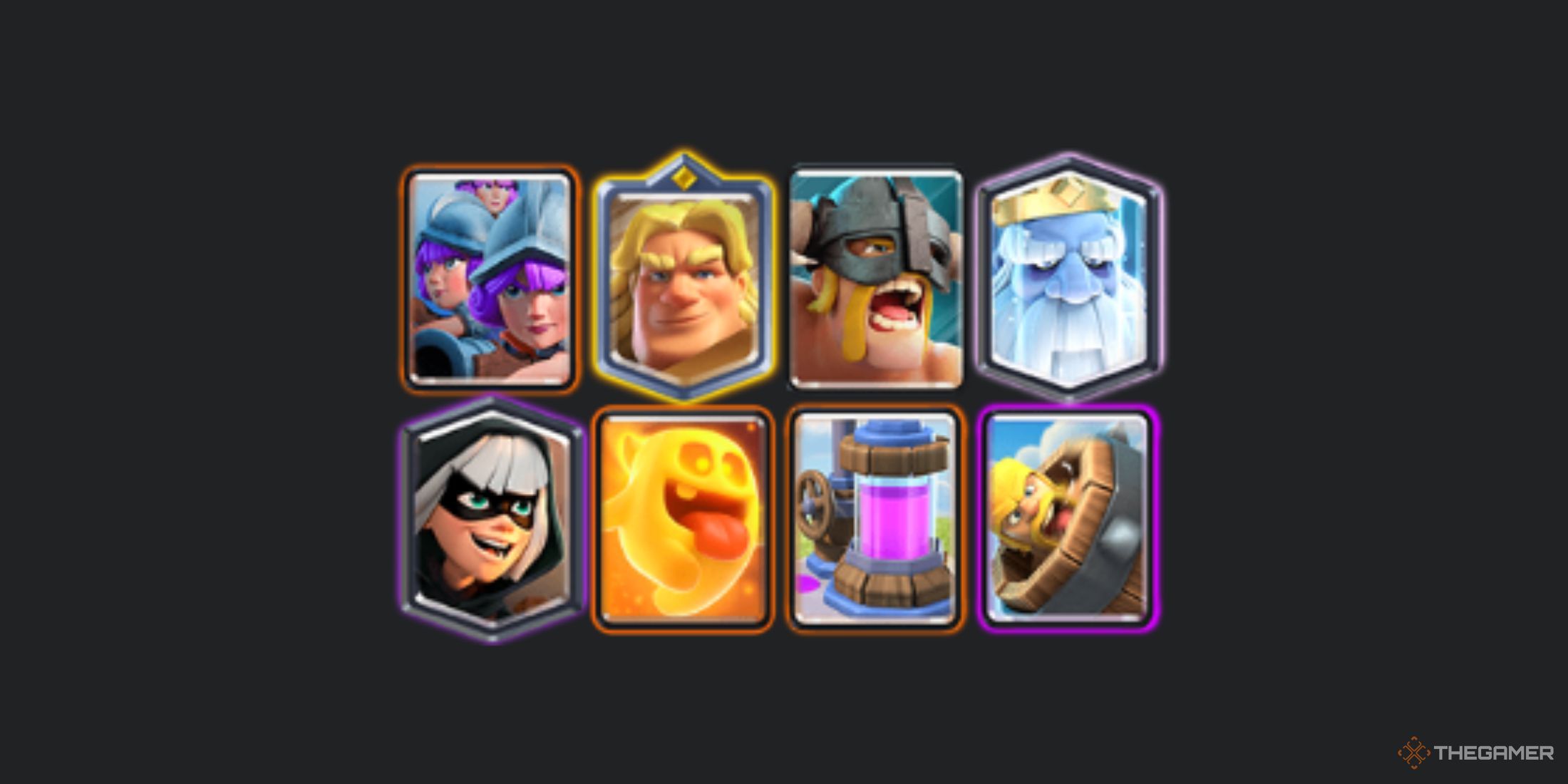 A deck in Clash Royale with Three Musketeer, Golden Knight, Elite Barbarians, Royal Ghost, Bandit, Heal Spirit, Elixir Collector and Barbarian Barrel.
