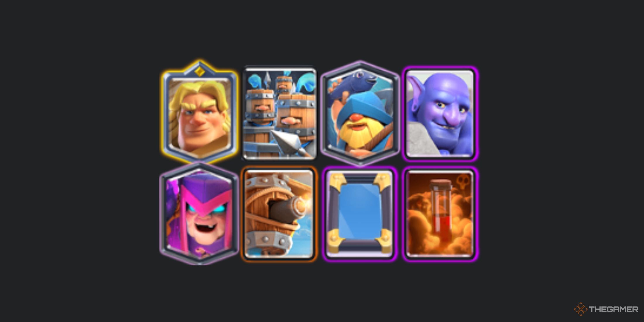 A deck in Clash Royale with Golden Knight, Royal Recruits, Fisherman, Bowler, Mother Witch, Flying Machine, Mirror Spell and Poison Spell.