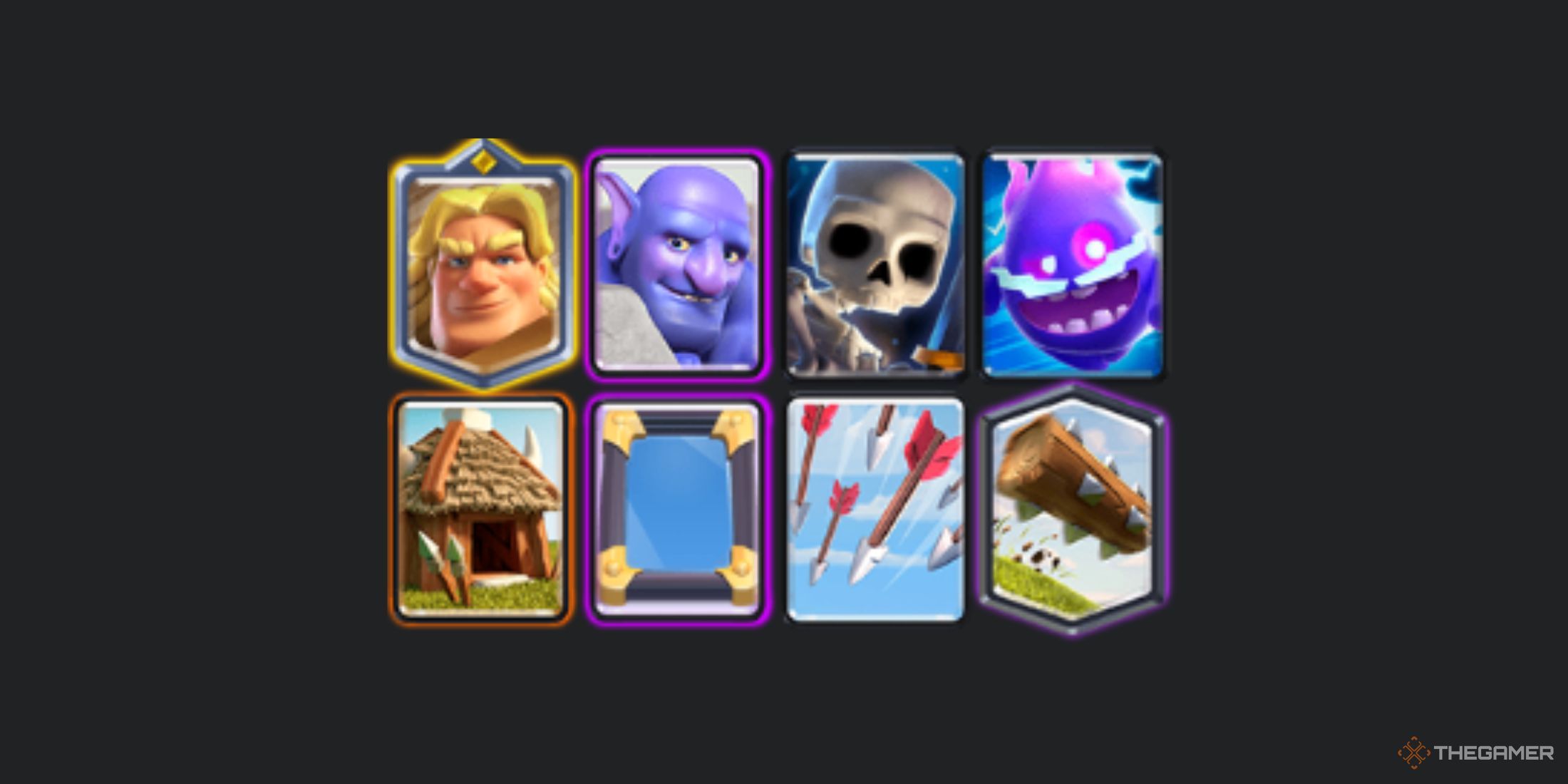 A deck in Clash Royale with Golden Knight, Bowler, Skeletons, Electro Spirit, Goblin Hut, Mirror Spell, Arrows and Log Spell.