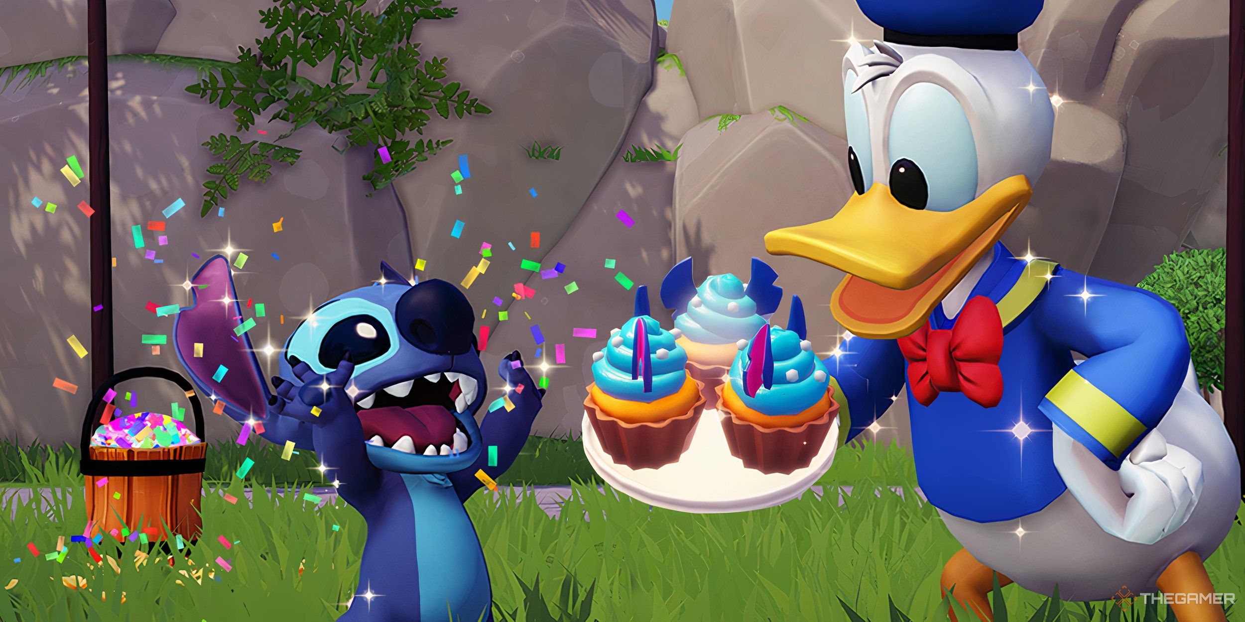 Disney Dreamlight Valley Donald Giving Stitch Cupcakes