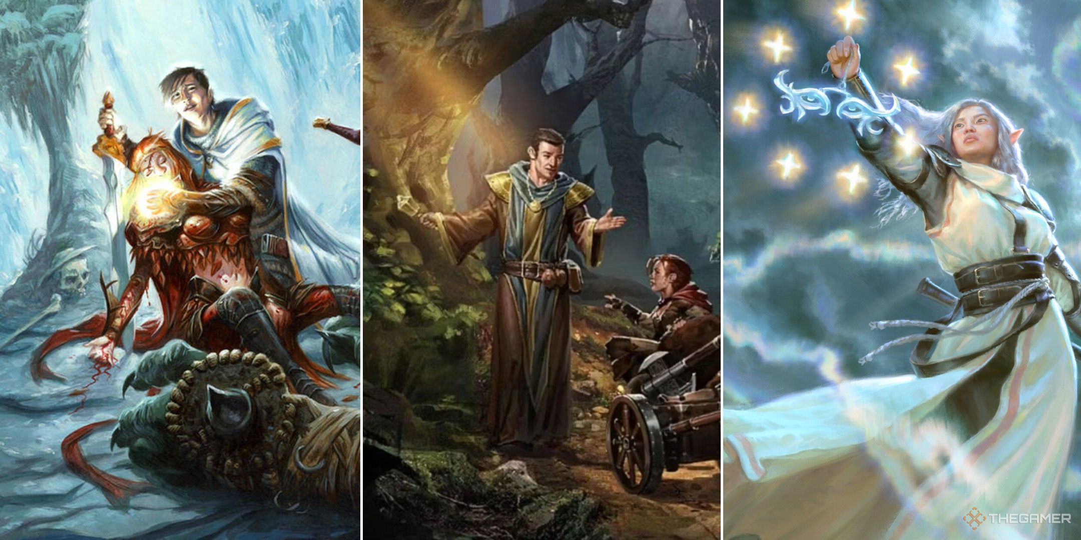 dungeons & dragons collage showing three clerics, one healing, one traveling, and one channeling their god
