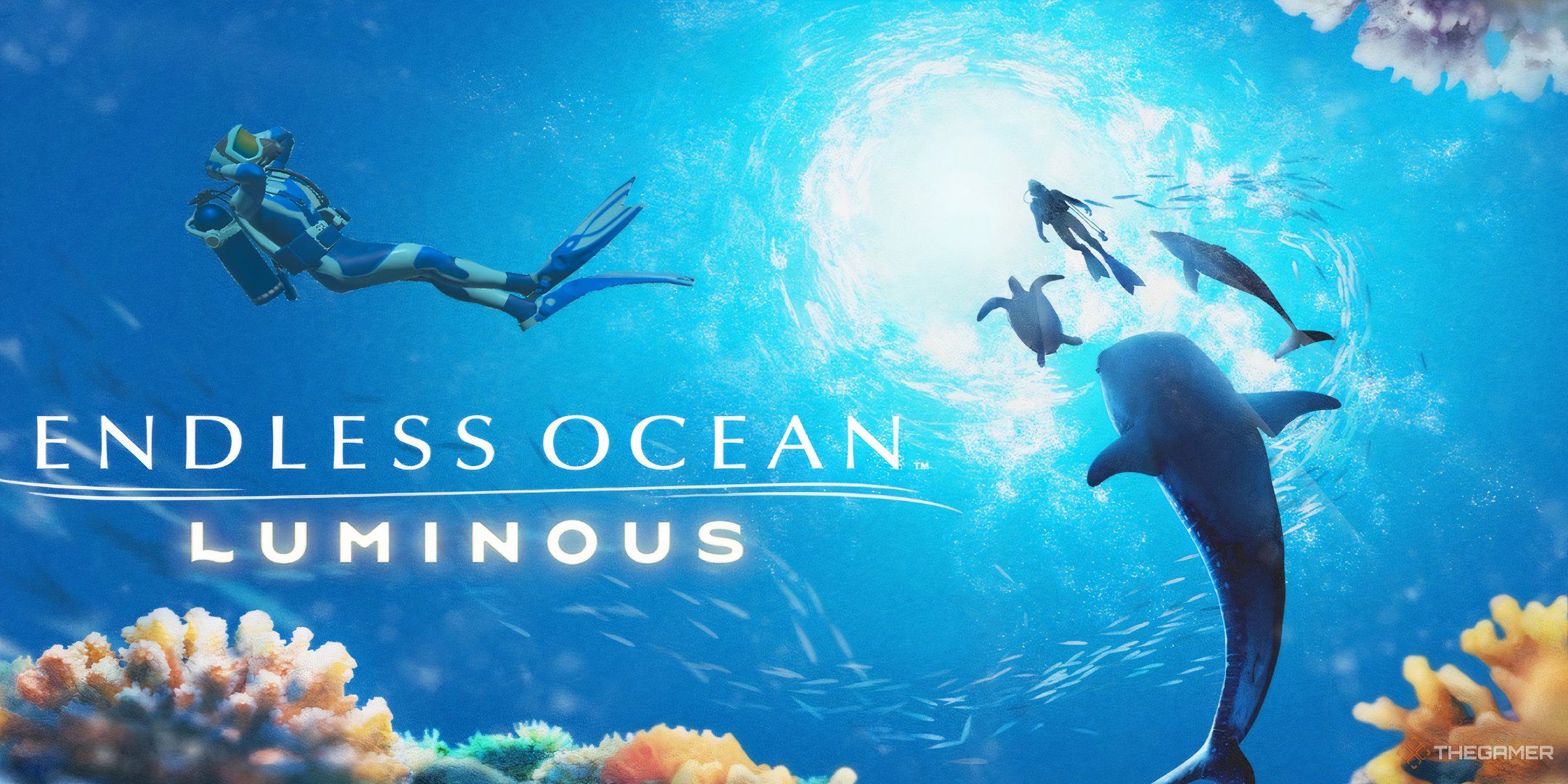 Endless Ocean Luminous starting screen with a diving avatar in a relaxed lounging pose. Another diver and sea creatures can be seen on the right side of the image