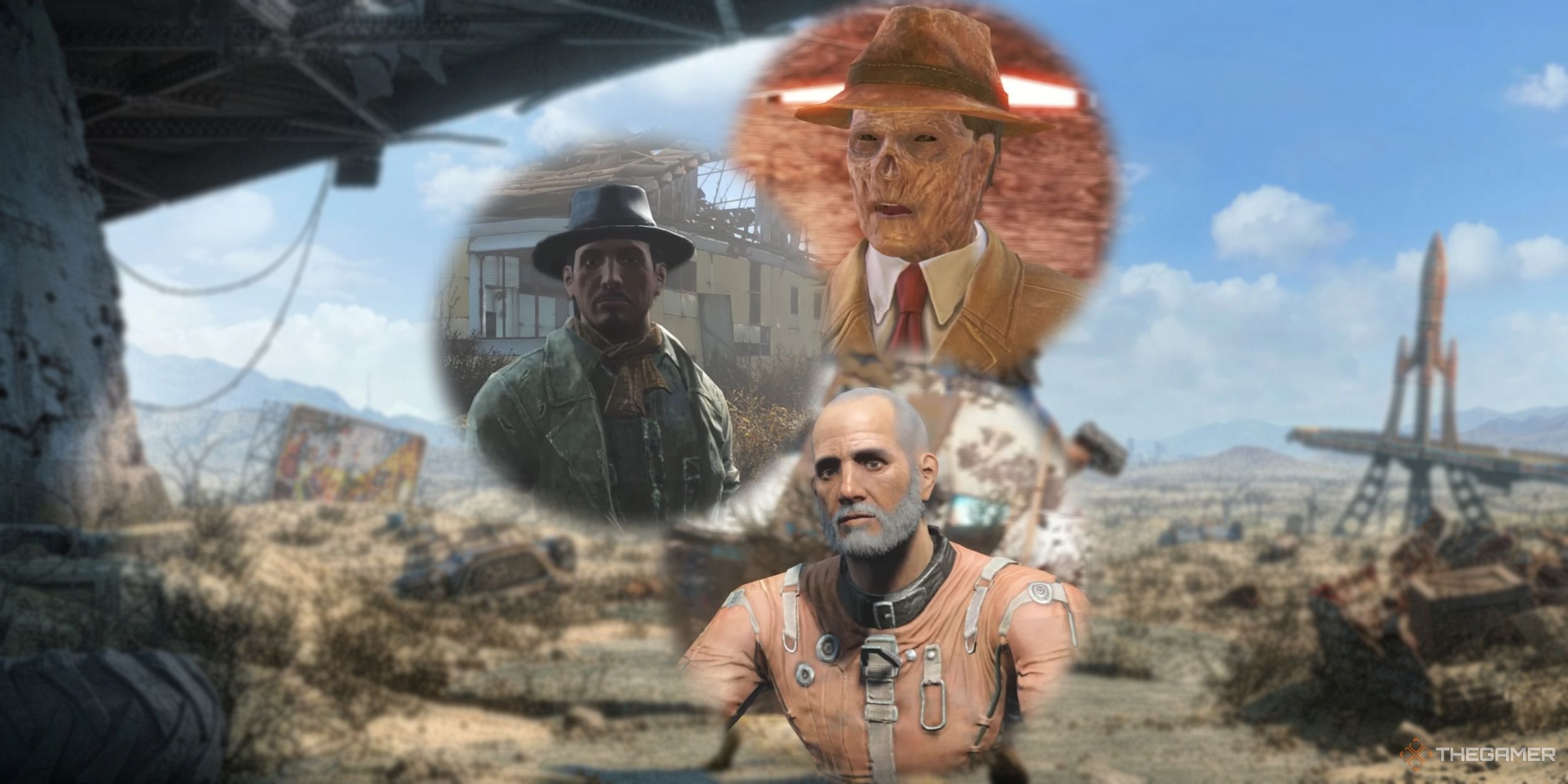 An image from Fallout 4 of three unique settlers, The Scribe, Smiling Larry, and The Vault Tech Representative. 