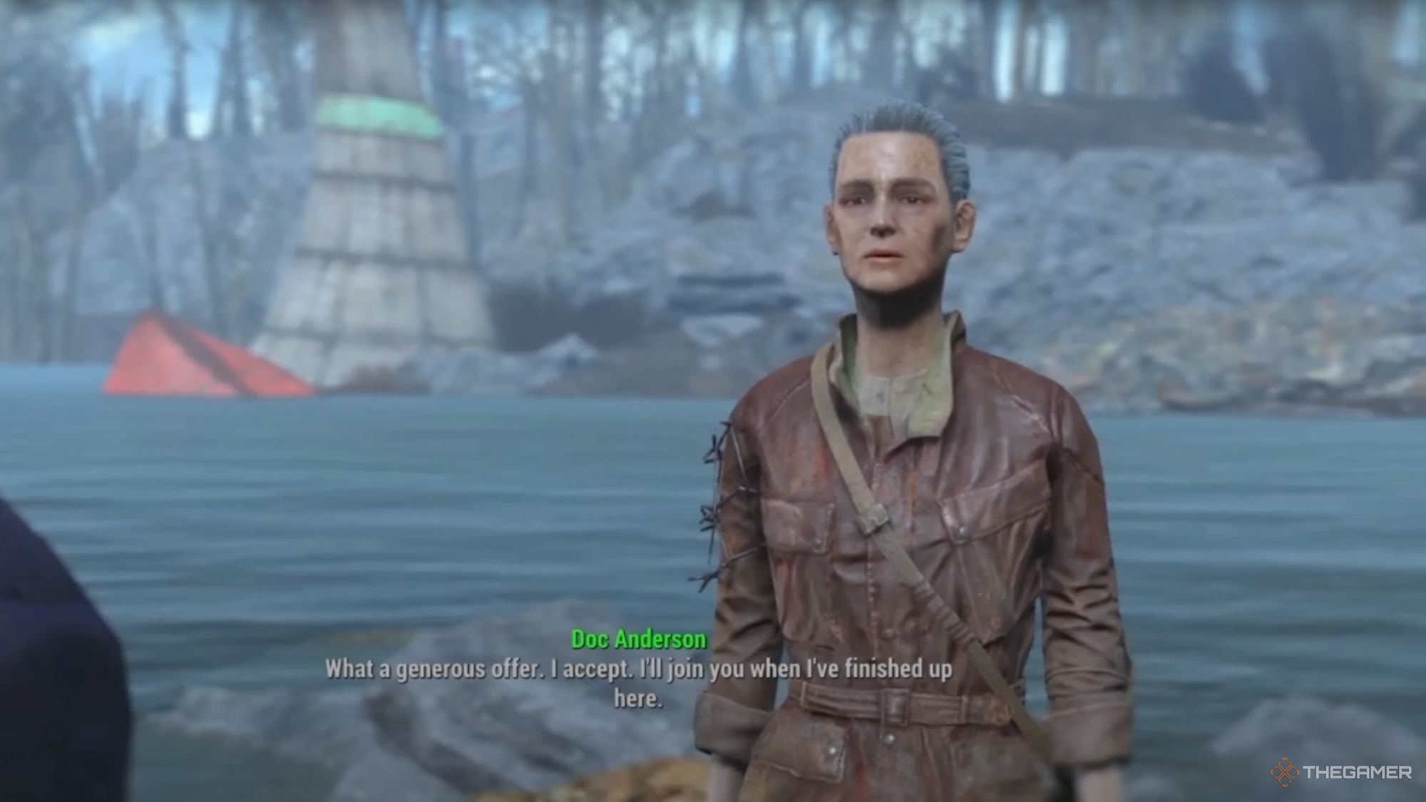 An image from Fallout 4 of Doc Anderson, a unique settler who can be added to your settlements.