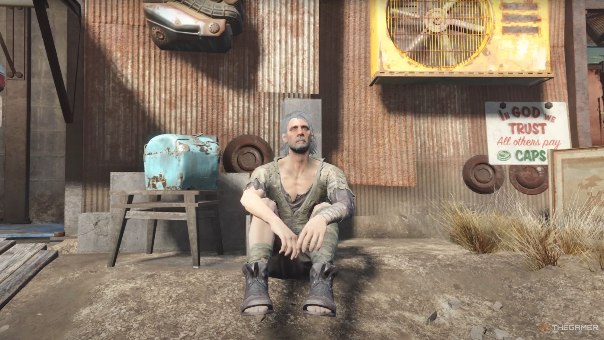 An image from Fallout 4 of Sheffield, a settler who can be added to your settlement.