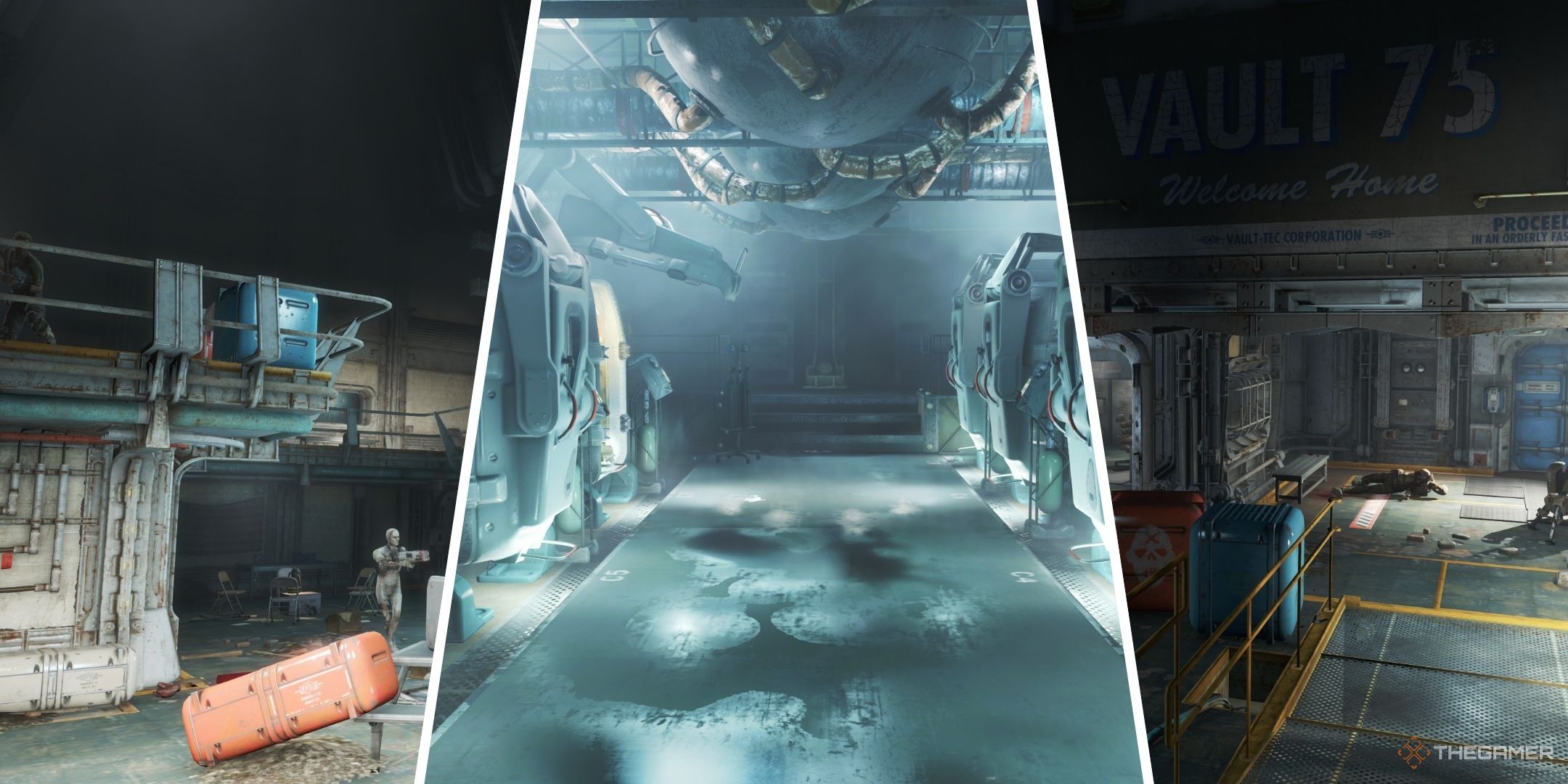 Fallout 4 split image of a vault with synths fighting, vault 111 cryopods, and vault 75s main control room