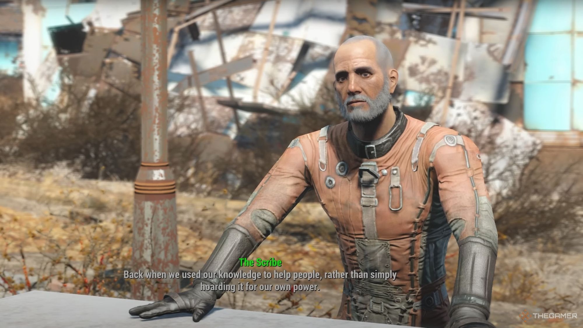 An image from Fallout 4 of the The Scribe, a unique settler you can add to your settlements.