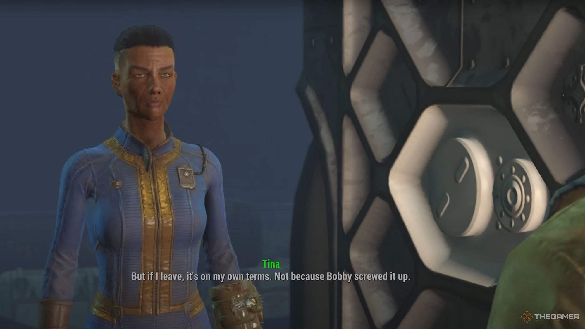 An image from Fallout 4 of Tina De Luca, who can be added to your settlement as a unique settler.