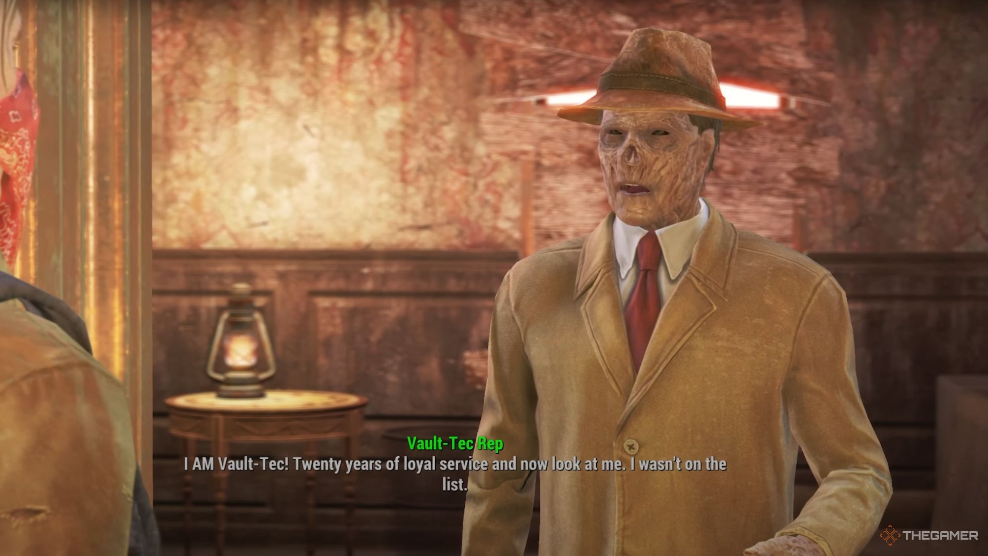 An image from Fallout 4 of the Vault-Tec Salesman, who can be added to your settlement as a unique settler.