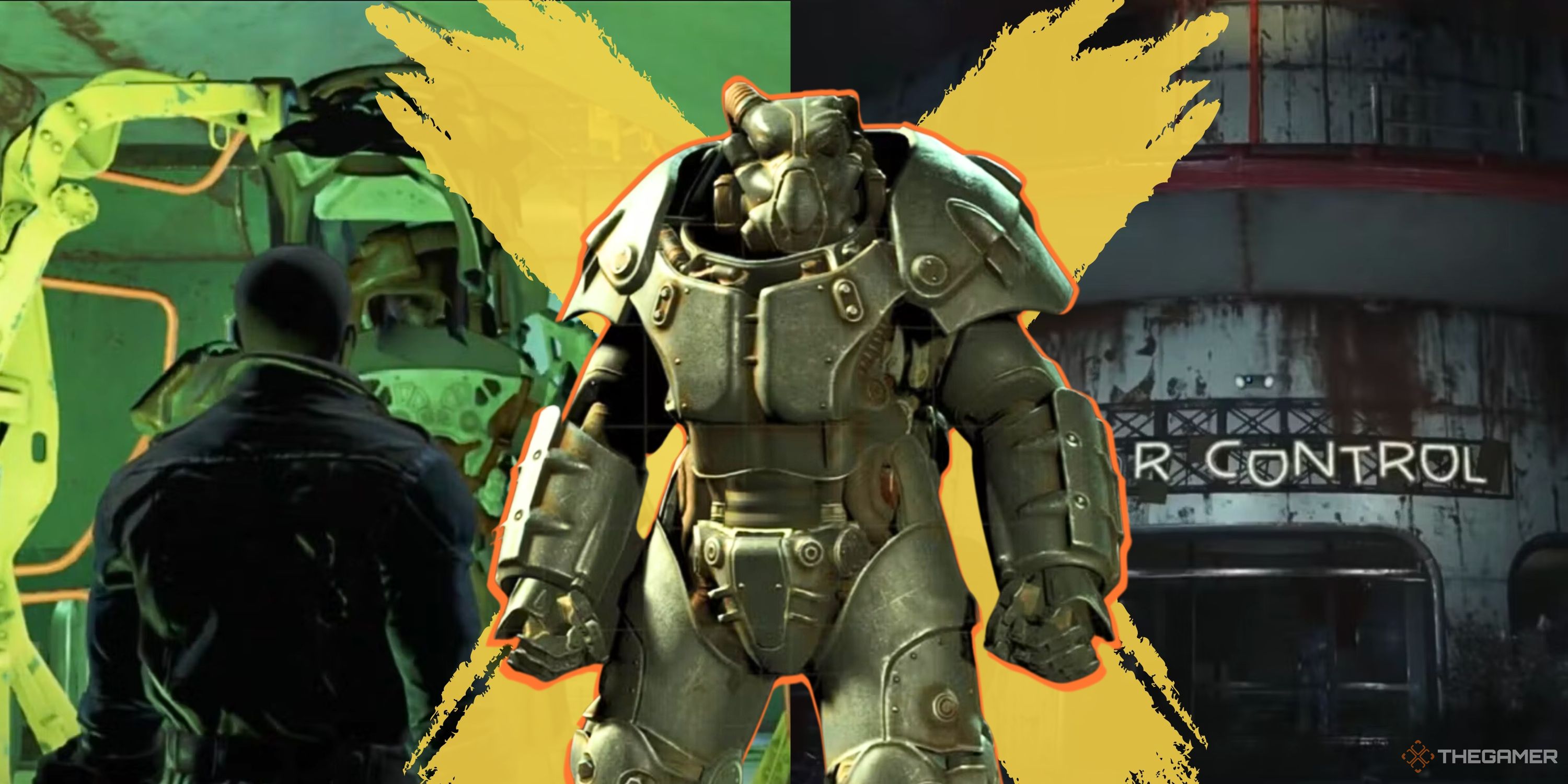 Fallout 4 collage image showing a player wearing the X-01 Power Armor in front of in-game screenshots and a giant yellow x