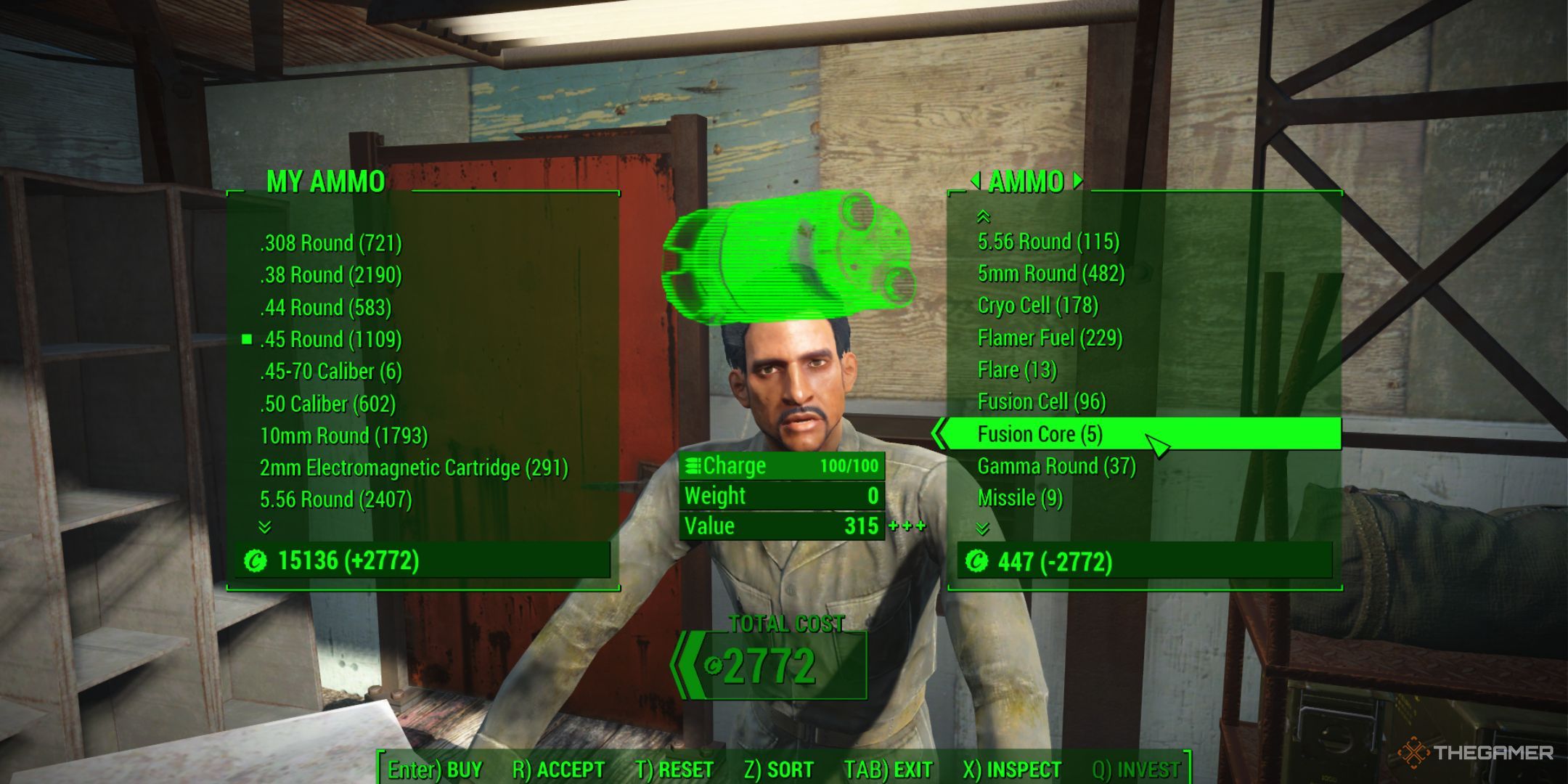 A player trading with Arturo, a Diamond City vendor, hovering the Fusion Cores in his inventory.