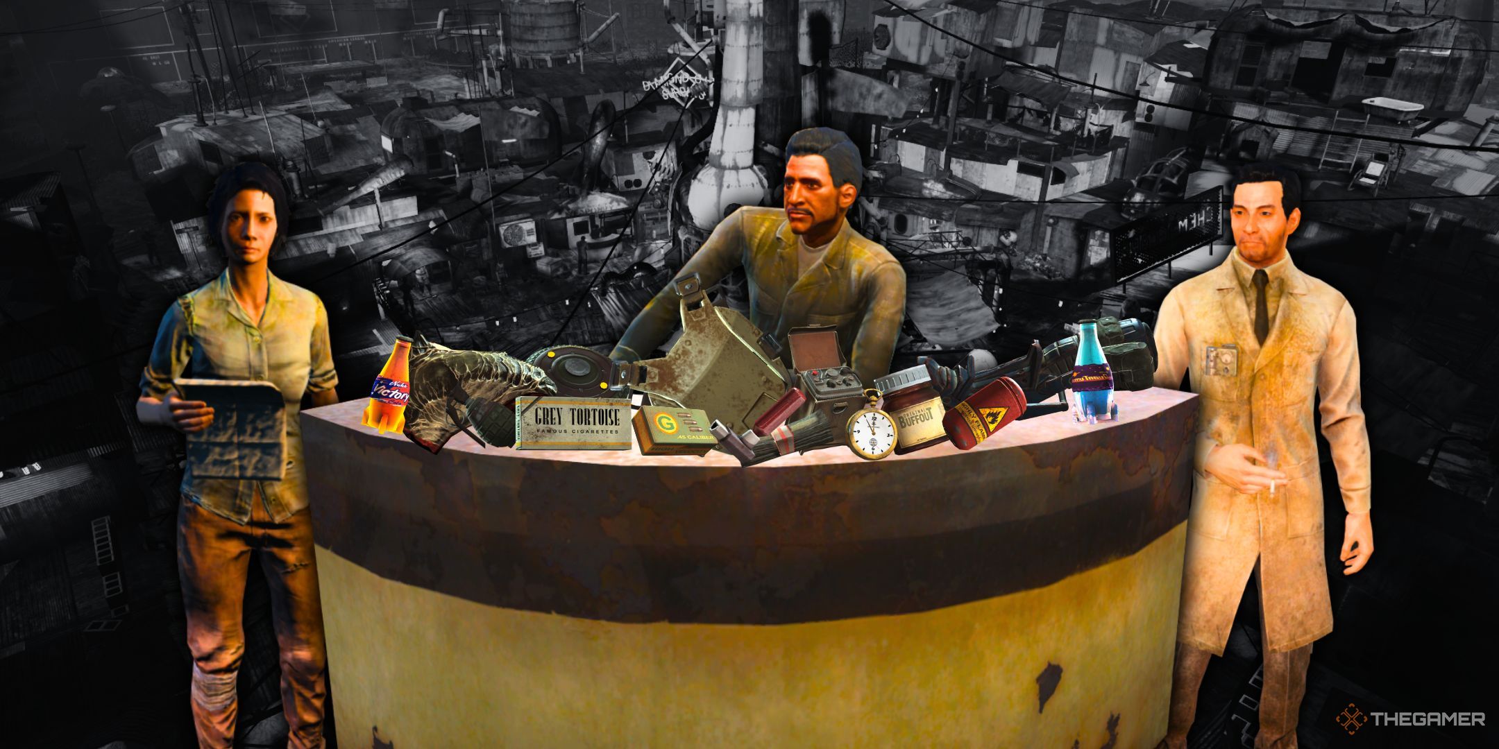 Three different vendors are seen around a damaged desk with junk, money, armor, food, drinks, and other items on it.