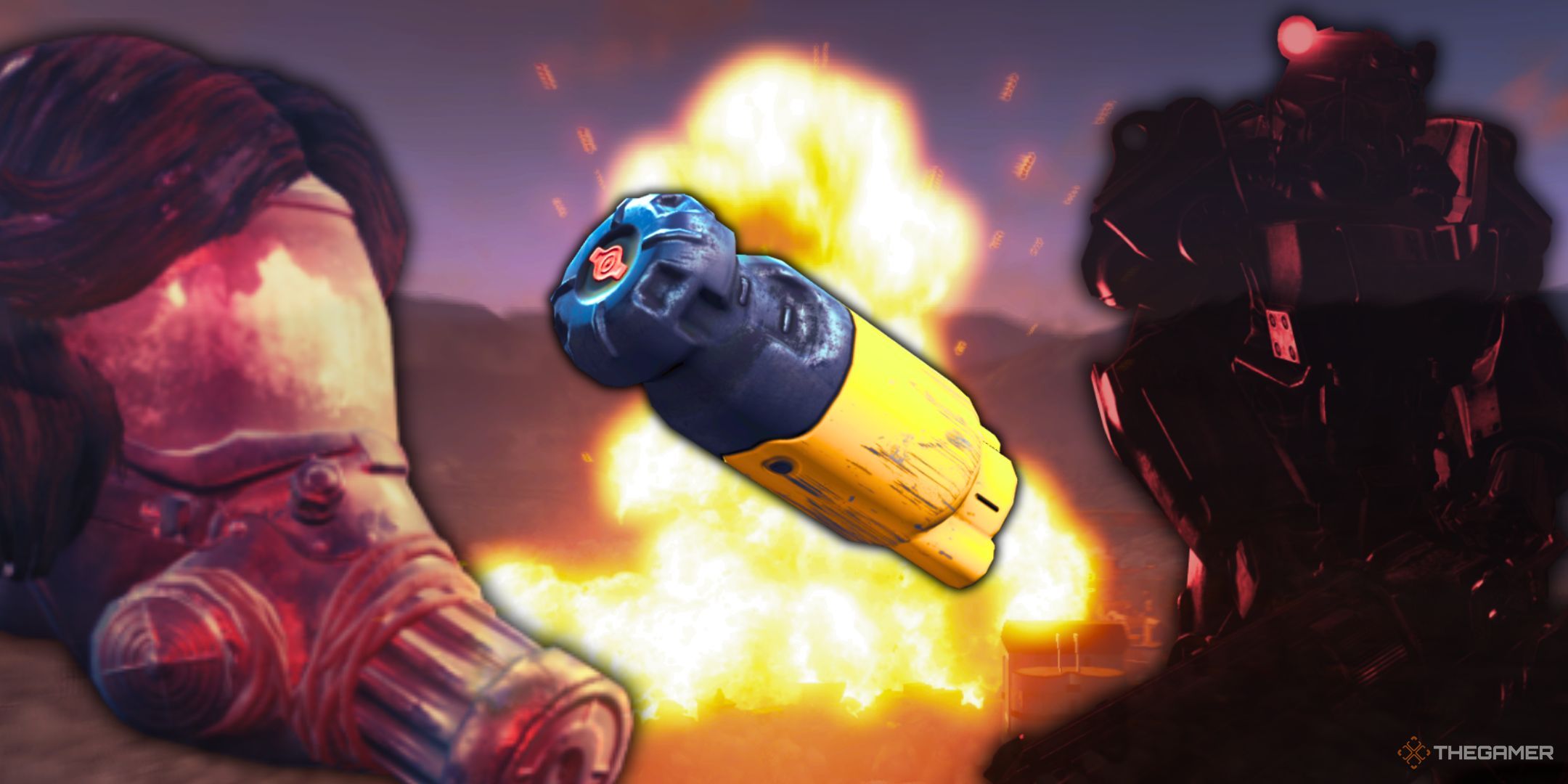 A large, fiery explosion seen in the background, with a yellow and dark metal fusion core, and semi-transparent, armored characters in the foreground.