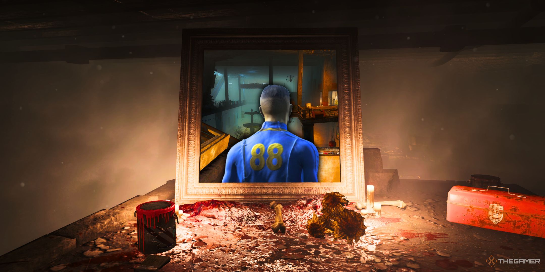 A painting frame in a candle-lit, dusty room, showing a masculine figure with a blue suit that has the yellow number 88 on it.