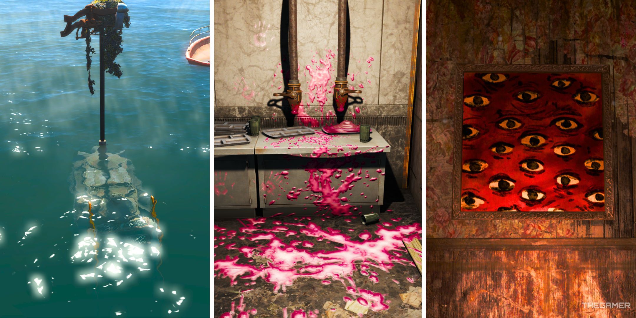 Three sliced images, showing a submarine under the ocean's blue surface, two tubes with pink goo everywhere, and a red painting with multiple eyes.