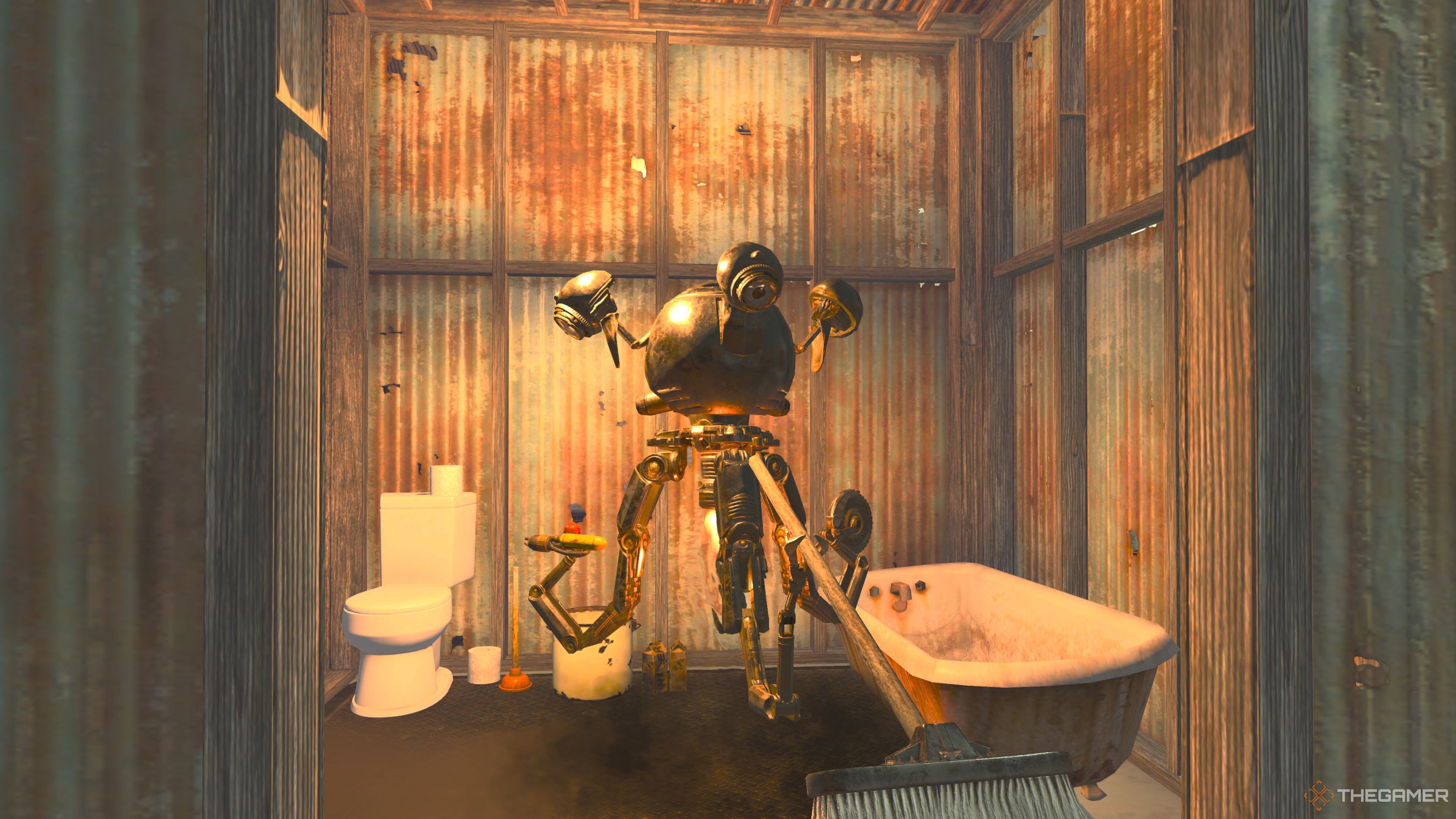 Mr. Clark cleans the bathrom in the Shelter's Claim Center in Fallout 76.