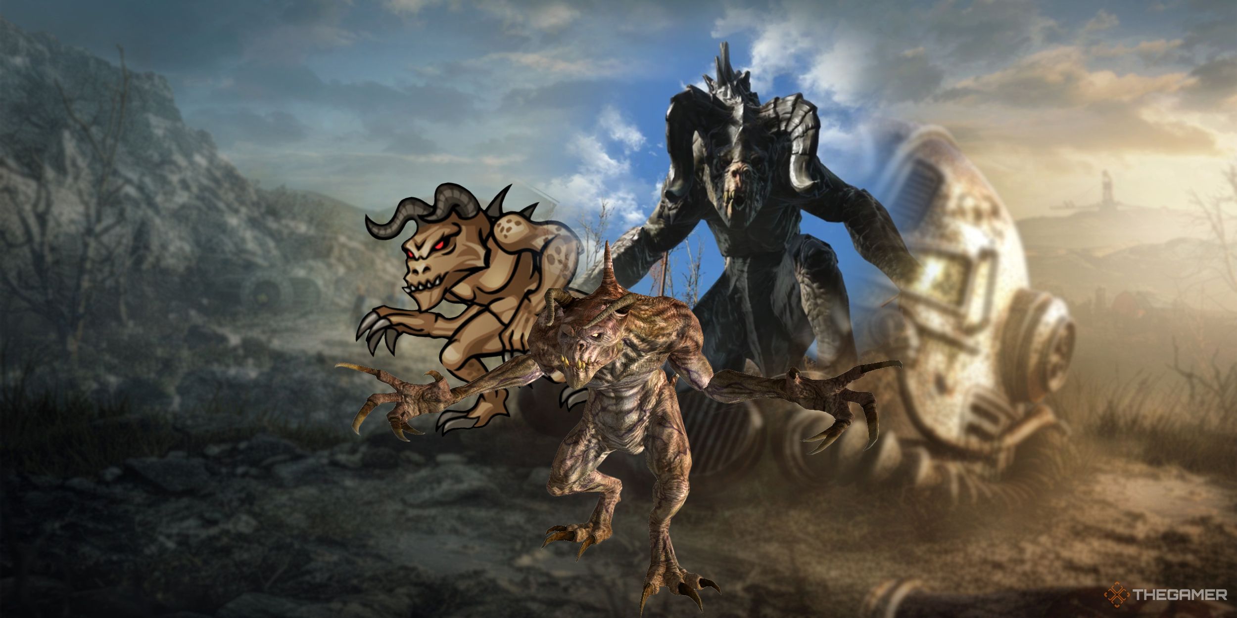 An image from the Fallout franchise that showcases three of the various deathclaw designs from Fallout Shelter, Fallout 3, and Fallout 4.