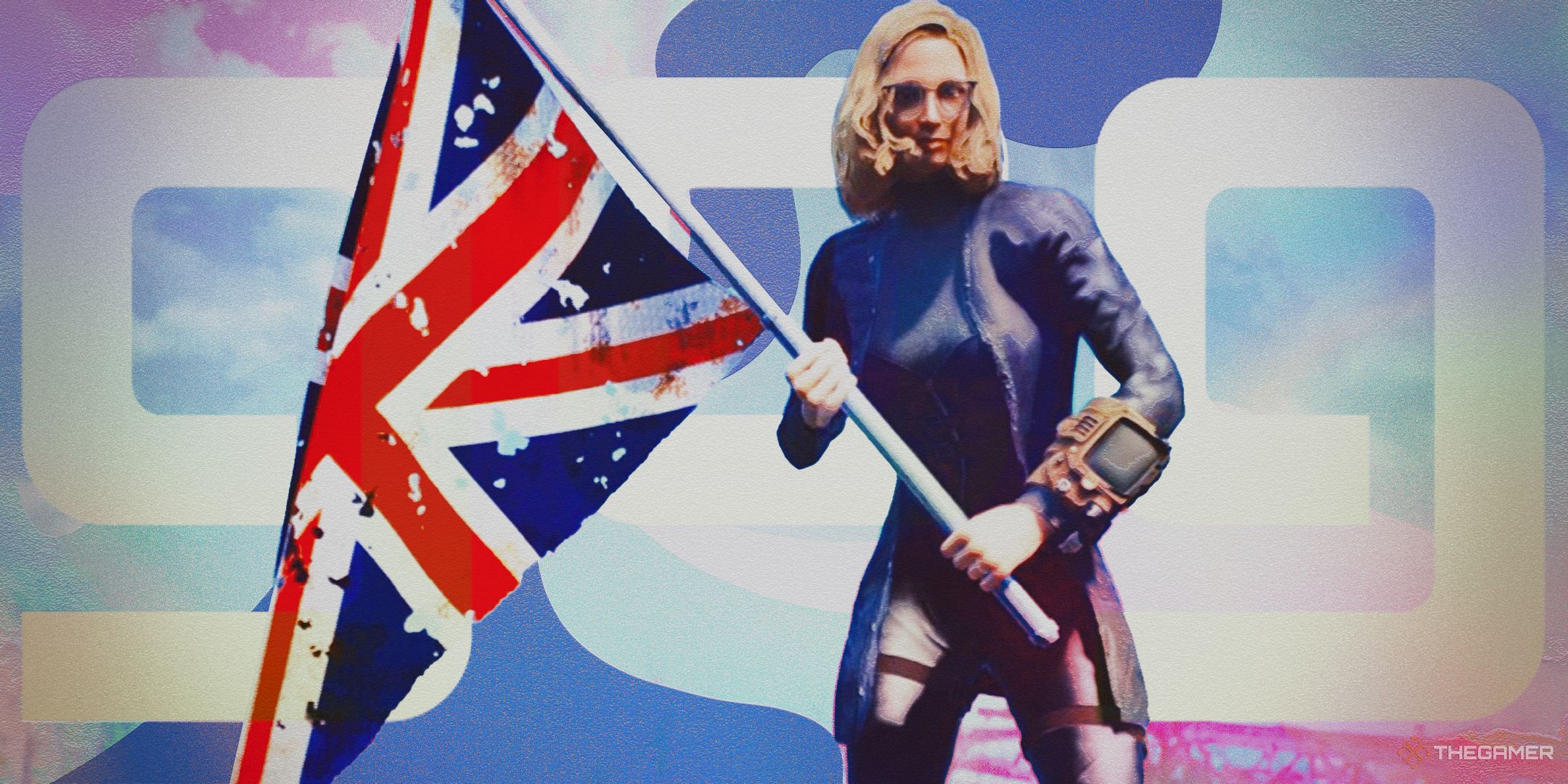 A woman waving the union jack. A logo for GOG is in the background. 