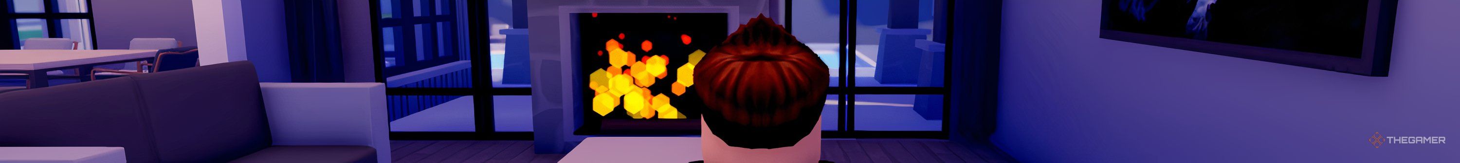 A Roblox character sits in front of their fireplace in Ultimate Home Tycoon.