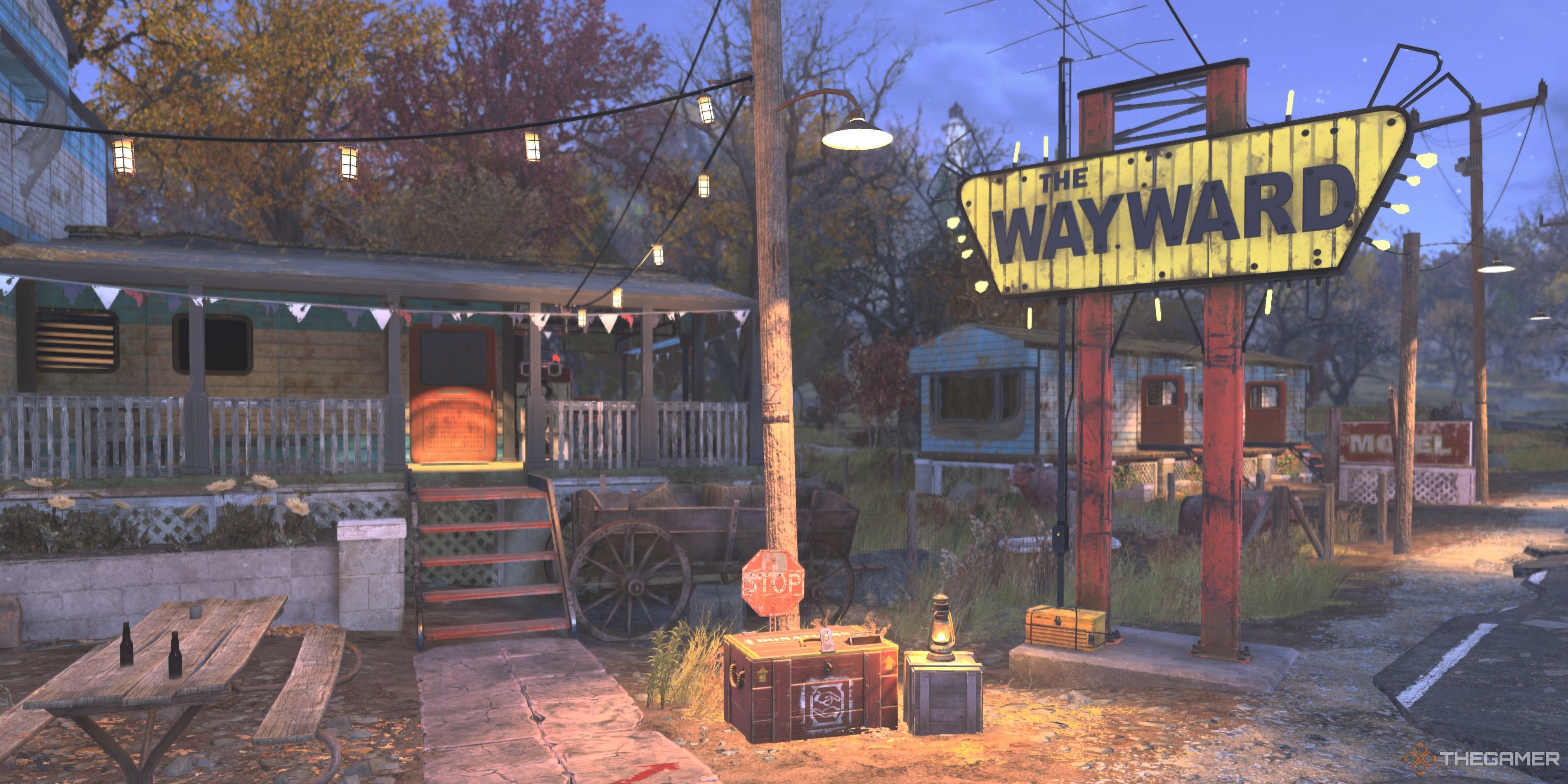The Wayward exterior at night in Fallout 76.