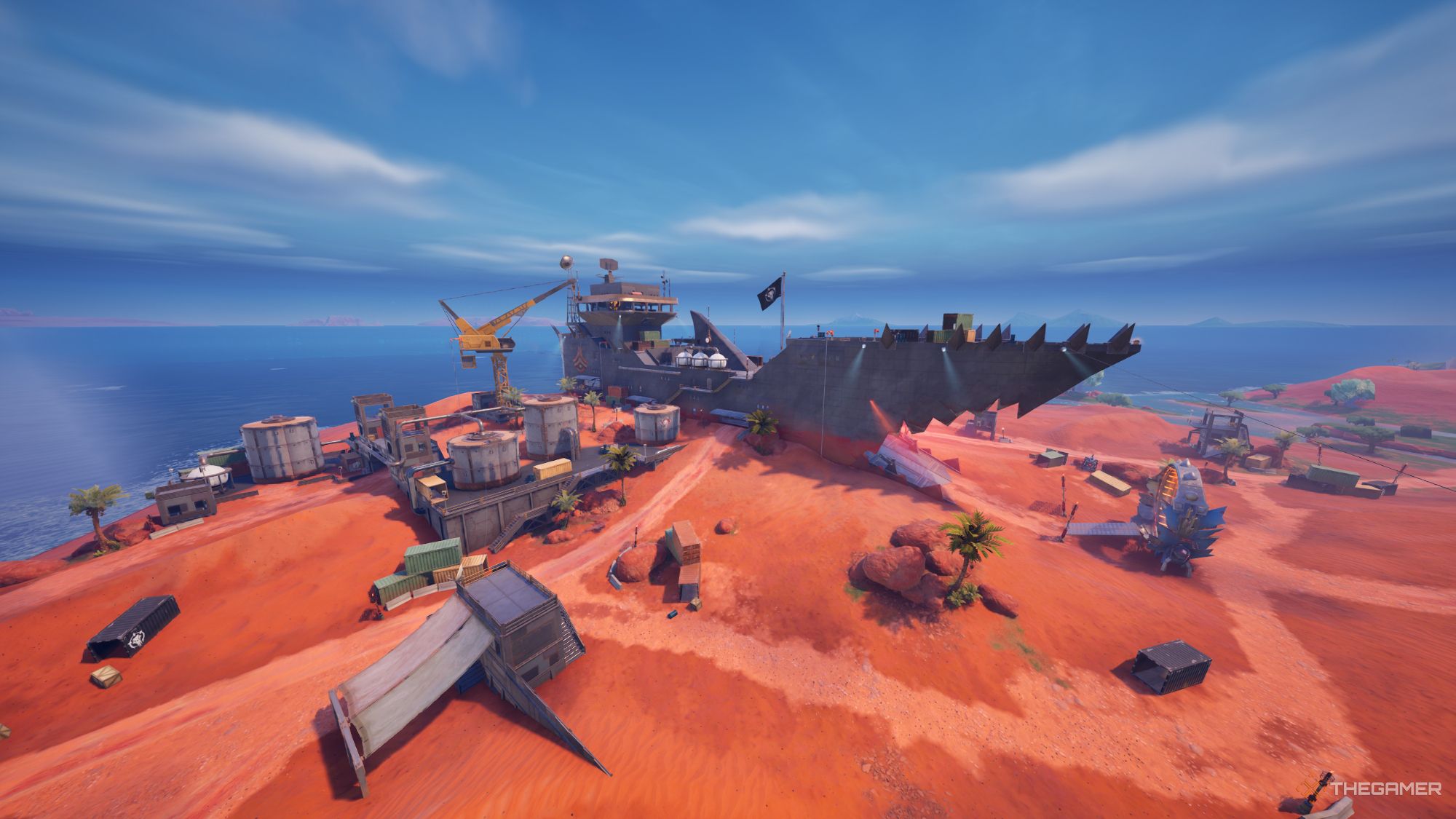 An image from Fortnite of the Brutal Beachhead POI, where the Megalo Don has made a massive lair out of a beached ship.