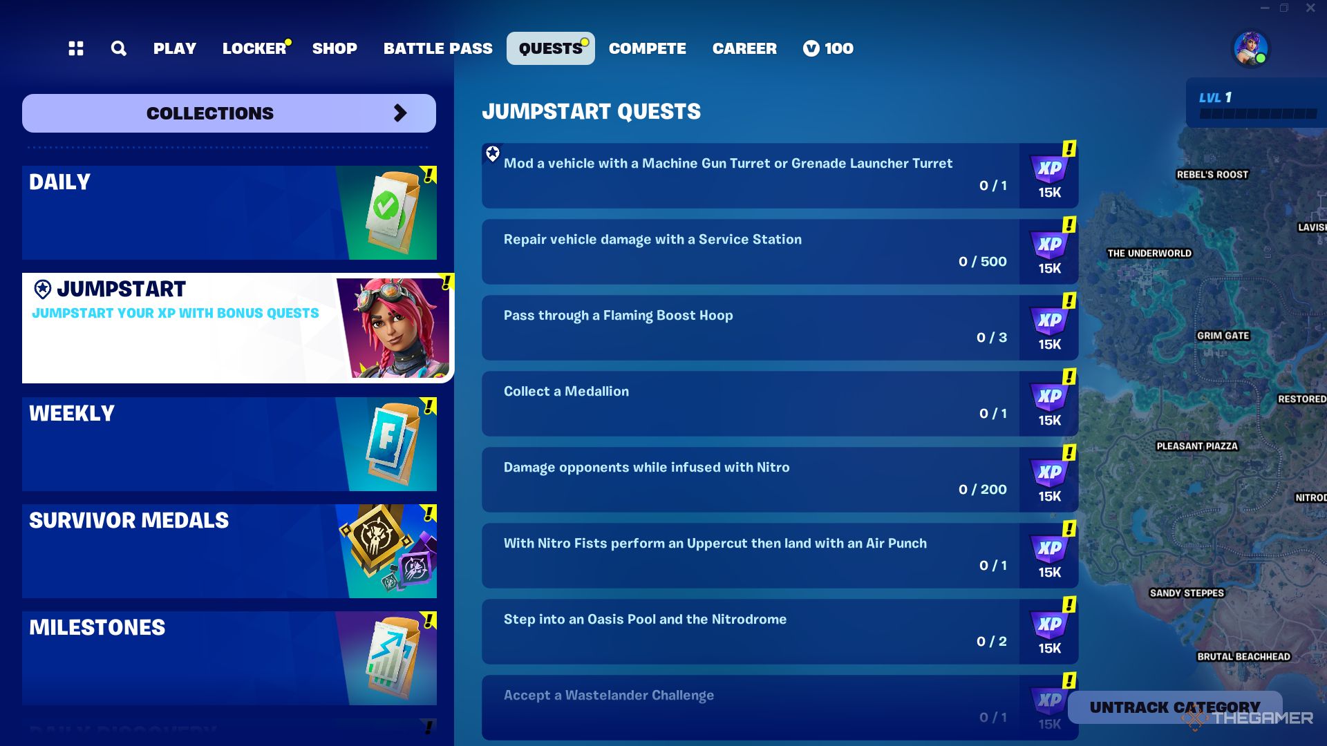 The Jumpstart Quest page from Fortnite Chapter Five Season Two, with quests that each offer 15K XP. Quests include things like modding vehicles, visiting the nitrodome, collecting medallions, and more.