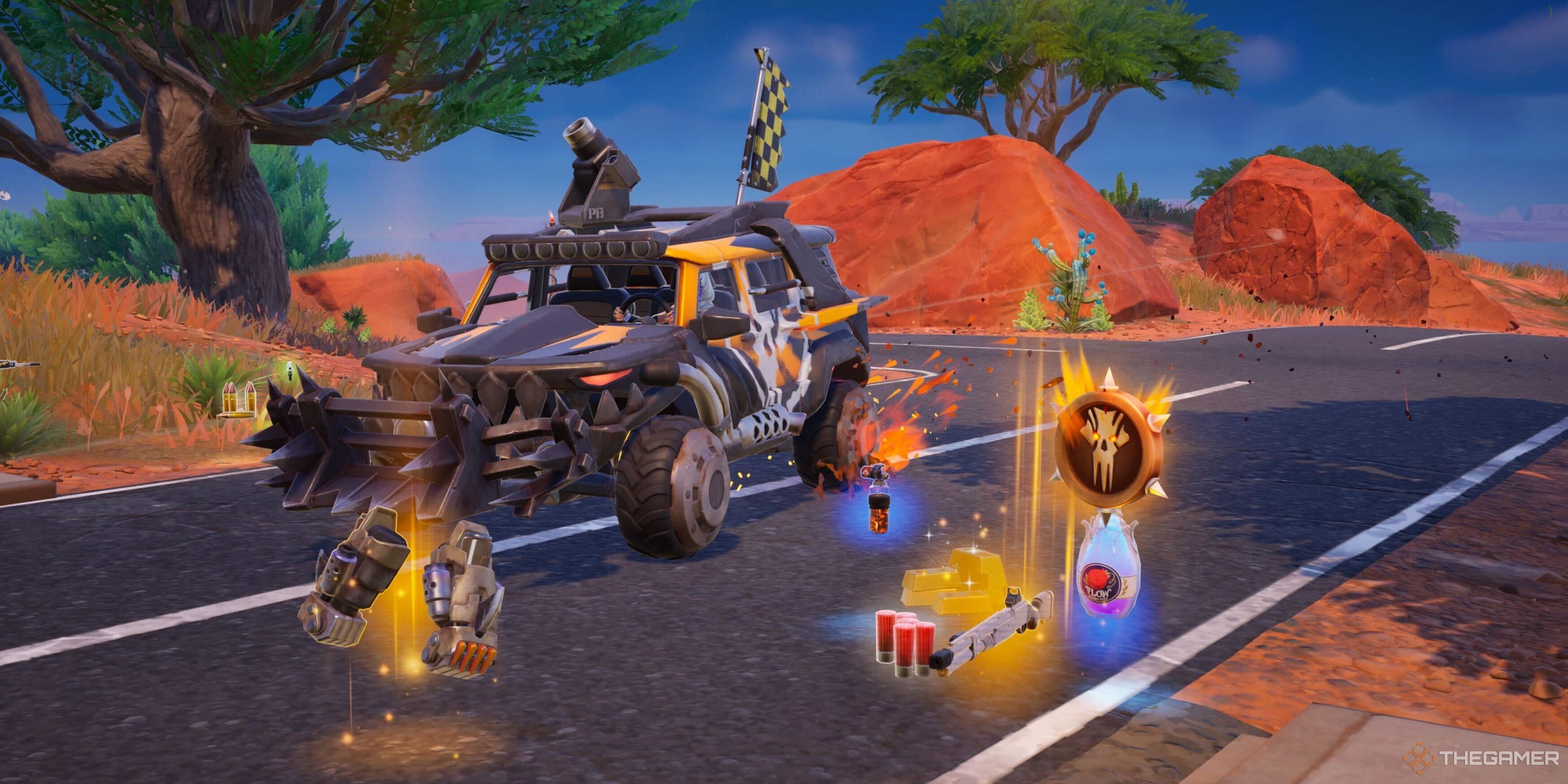 A black SUV with a cow catcher, cannon, and a black-and-yellow checkered flag. Gear like the Nitro Fists, a Medallion with a skull, and other gear can be seen on a road in a desert area.