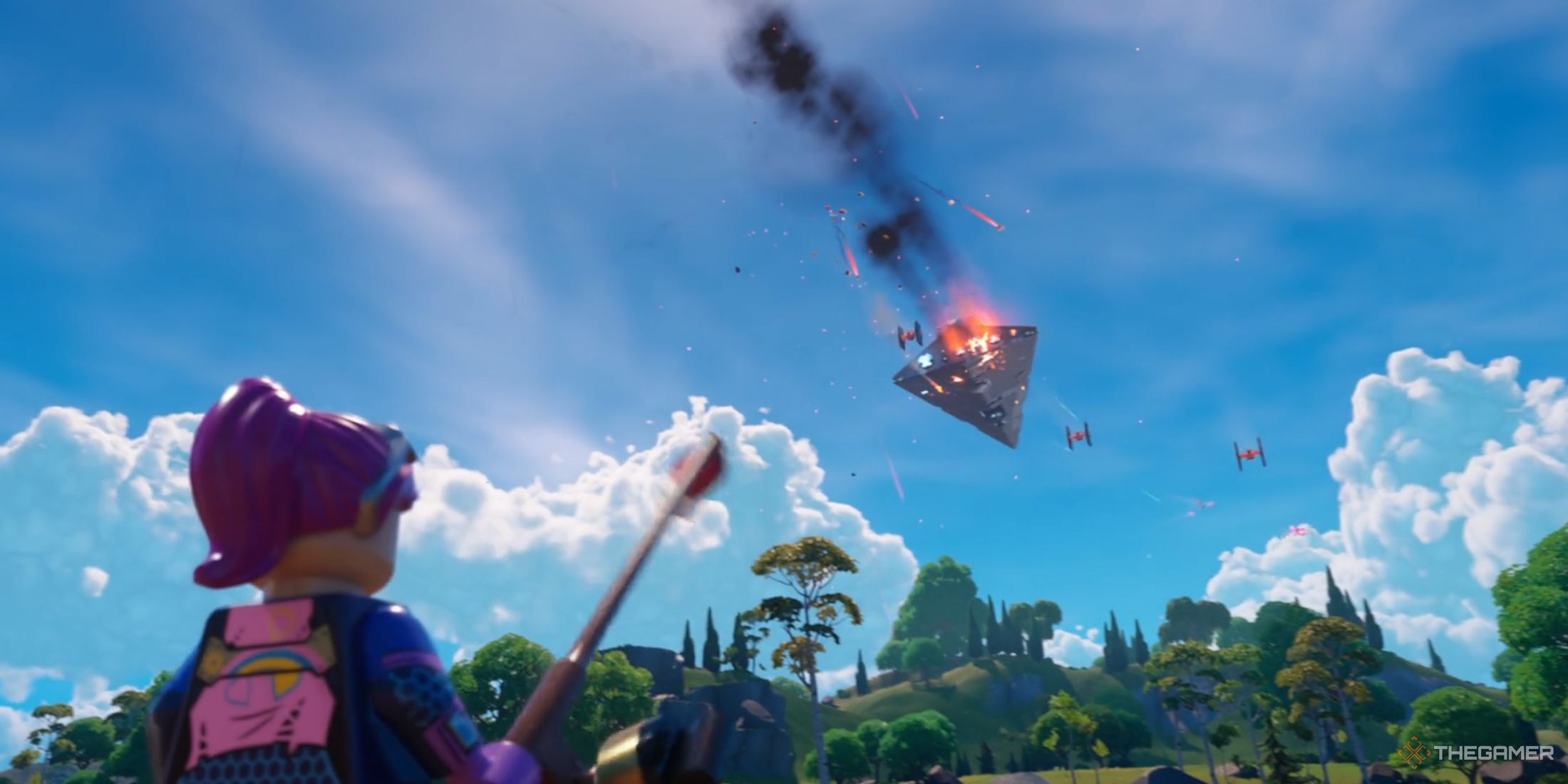 A screenshot from Lego Fortnite showing a ship crashing from the sky onto the player's island. Lego Bright Bomber can be seen in the foreground, holding a fishing pole and looking up at the falling ship.