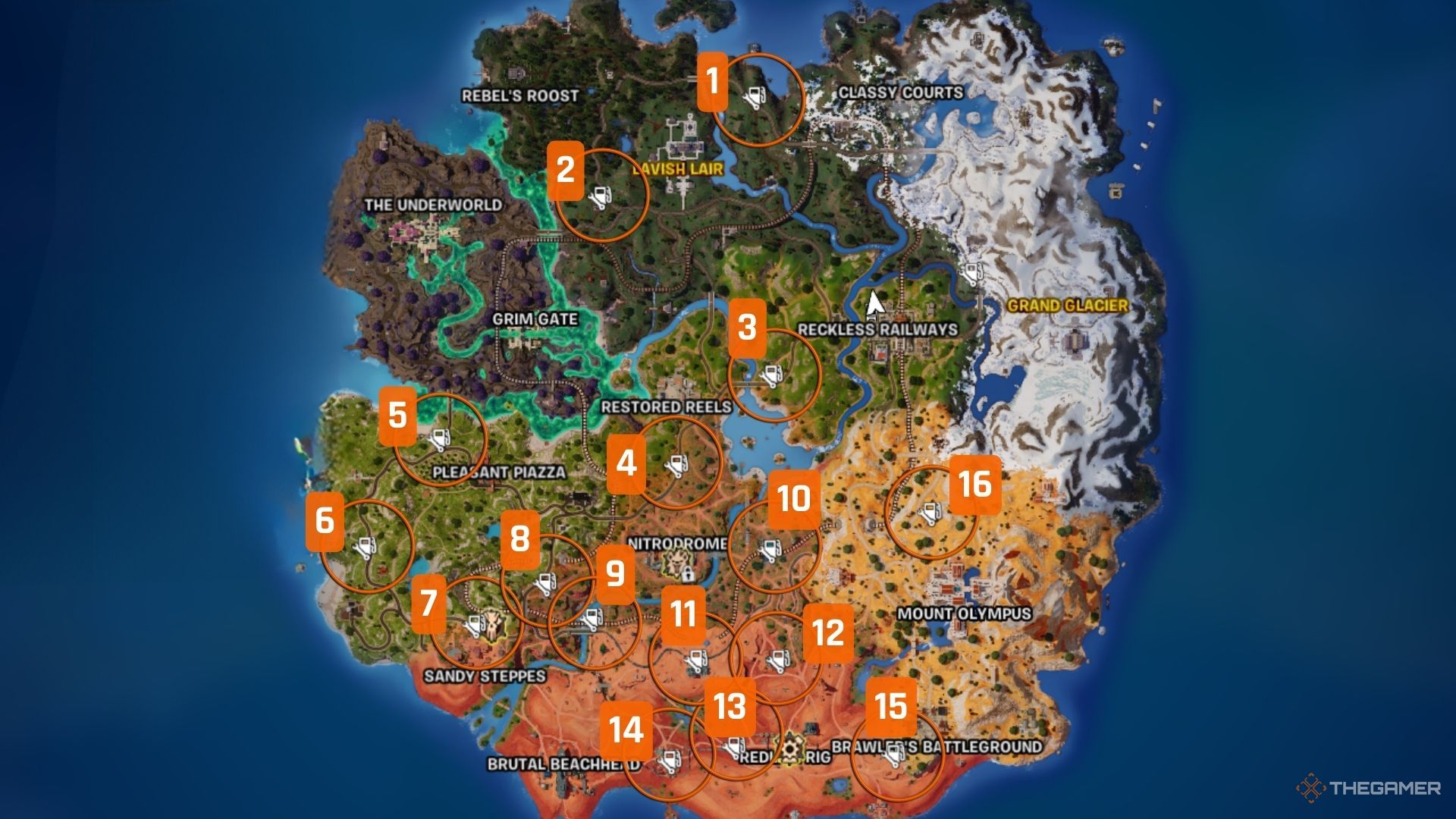 Fortnite's vehicle service stations numbered on a map.