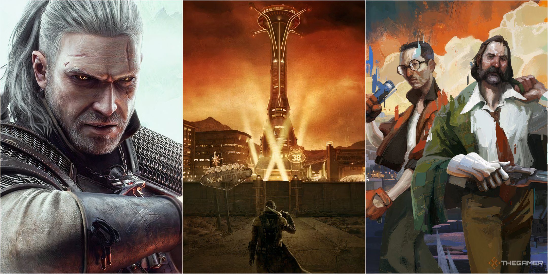 geralt of rivia the witcher 3, fallout new vegas landscape, and disco elysium