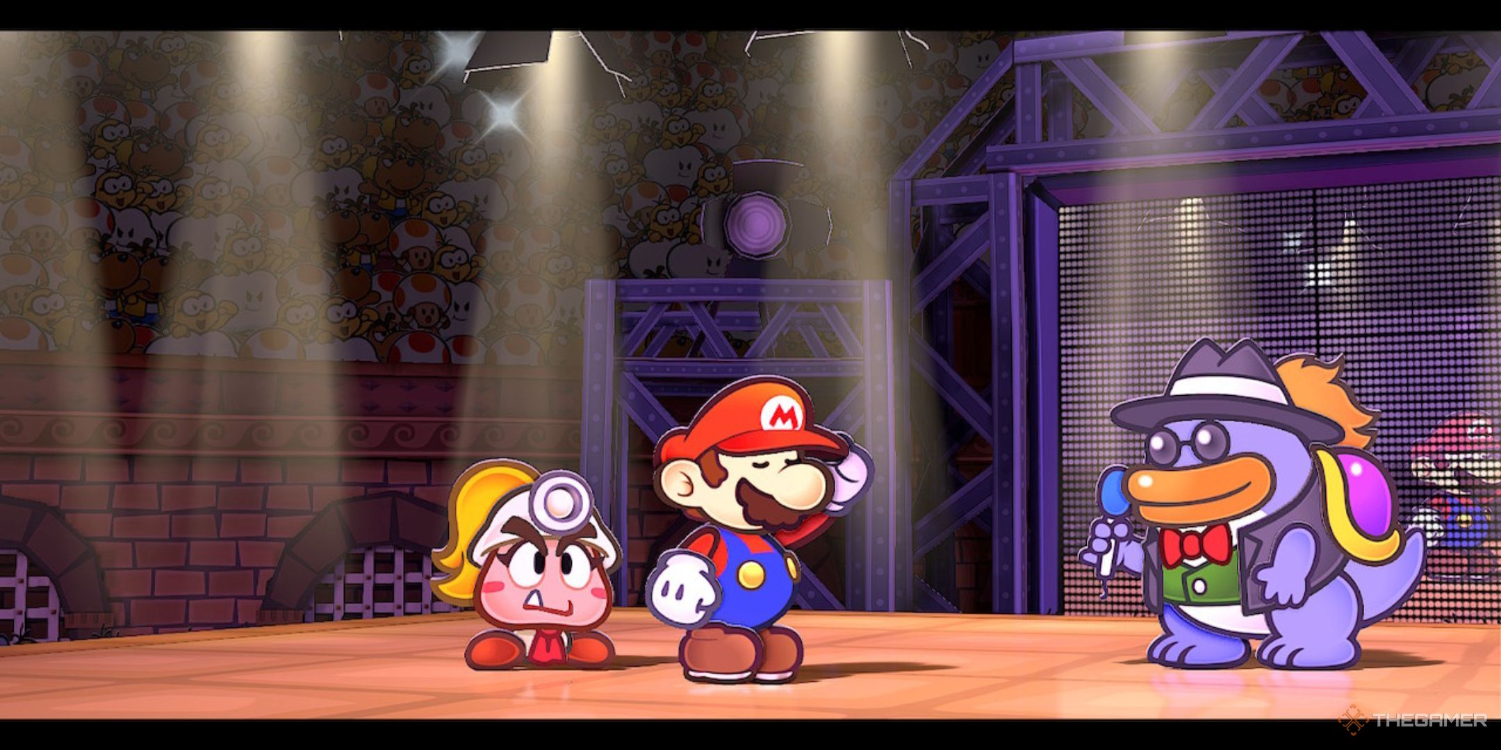 Mario and Goombella on stage after a victory in the Glitz Pit in Paper Mario: The Thousand-Year Door.