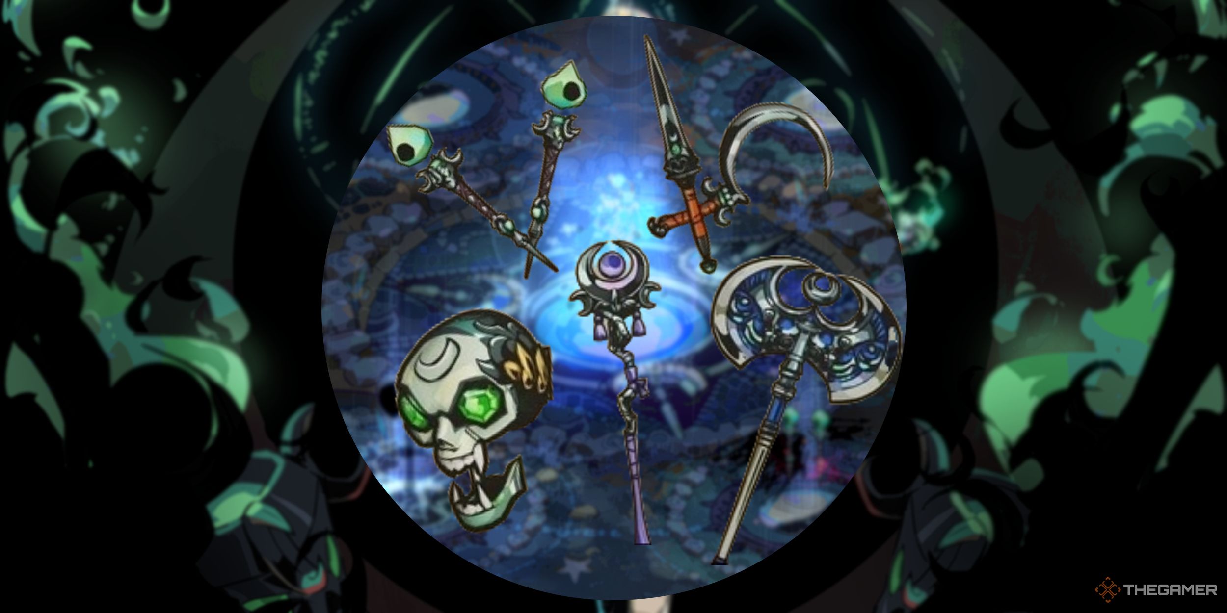 An image from Hades 2 of the five weapons, which all have aspects that can be upgraded.