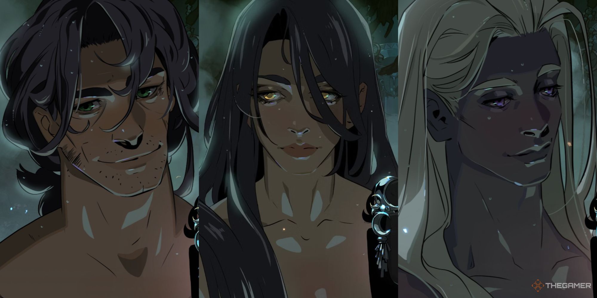 Hades 2 featured image the best romance candidates, featuring Odysseus, Nemesis, and Moros, all of whom are in their hot springs portraits