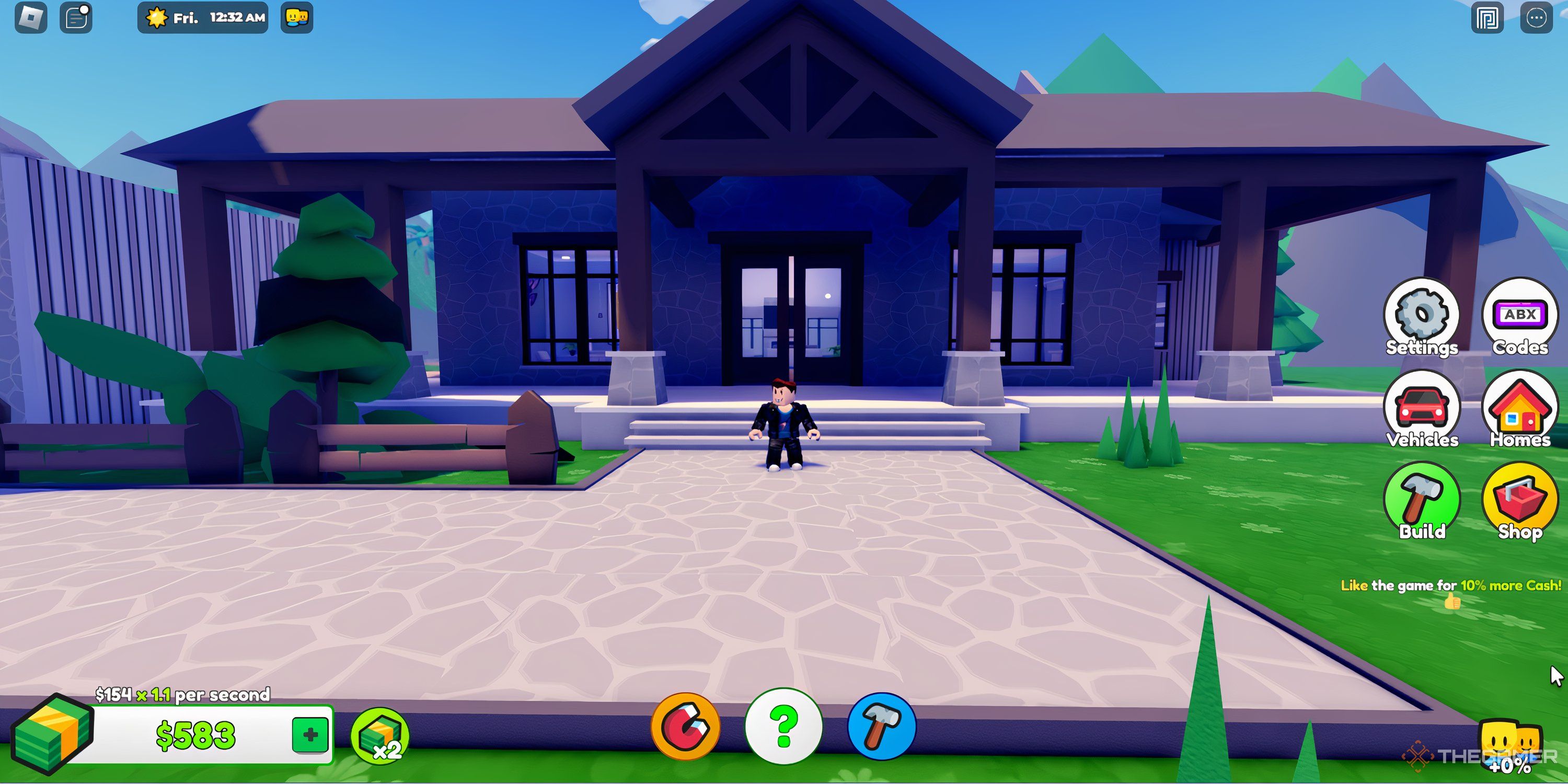 A Roblox character stands in front of the first home you can build in Ultimate Home Tycoon.