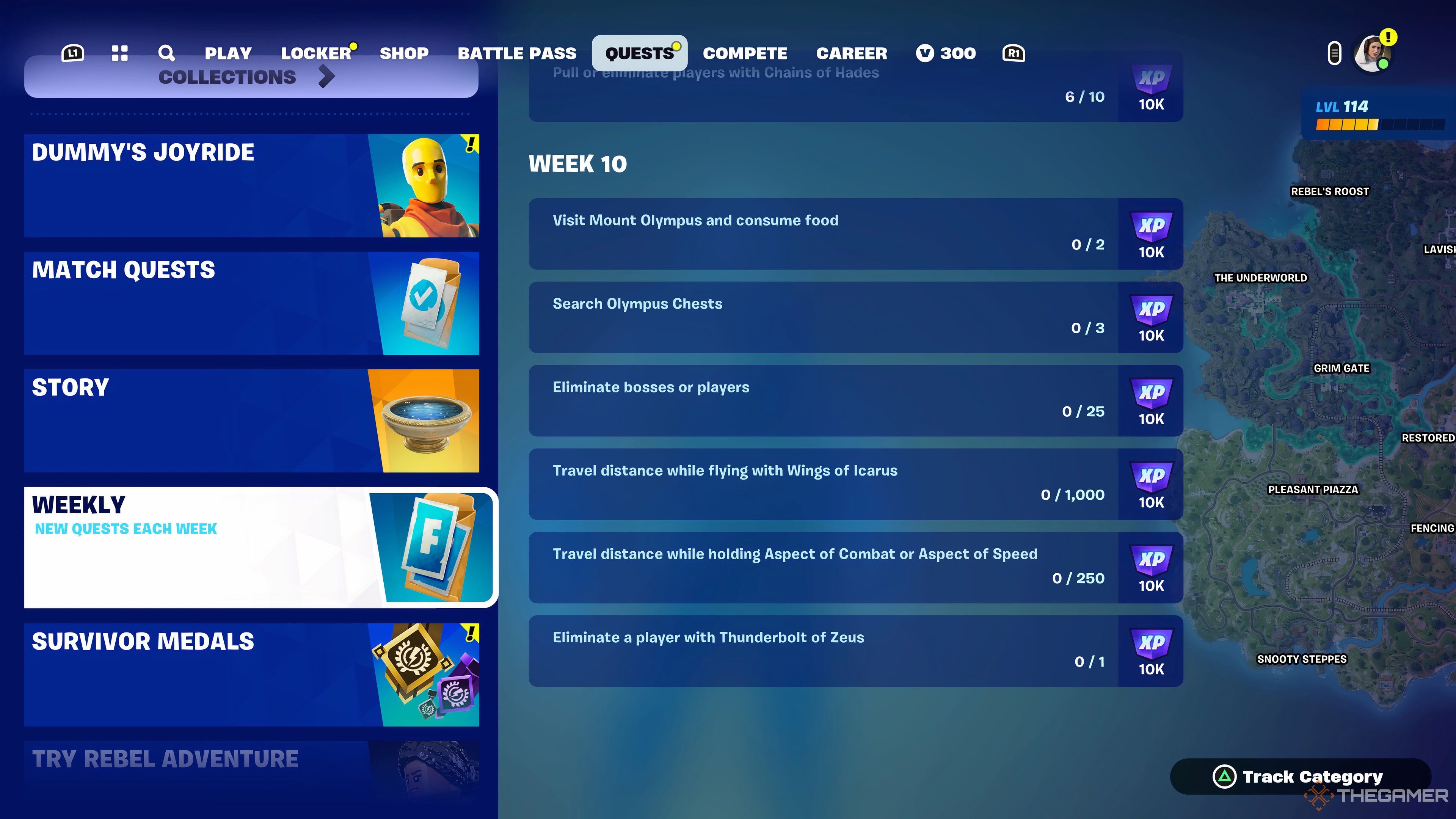 Screenshot showing the week 10 quests in Fortnite: Chapter 5, Season 2.