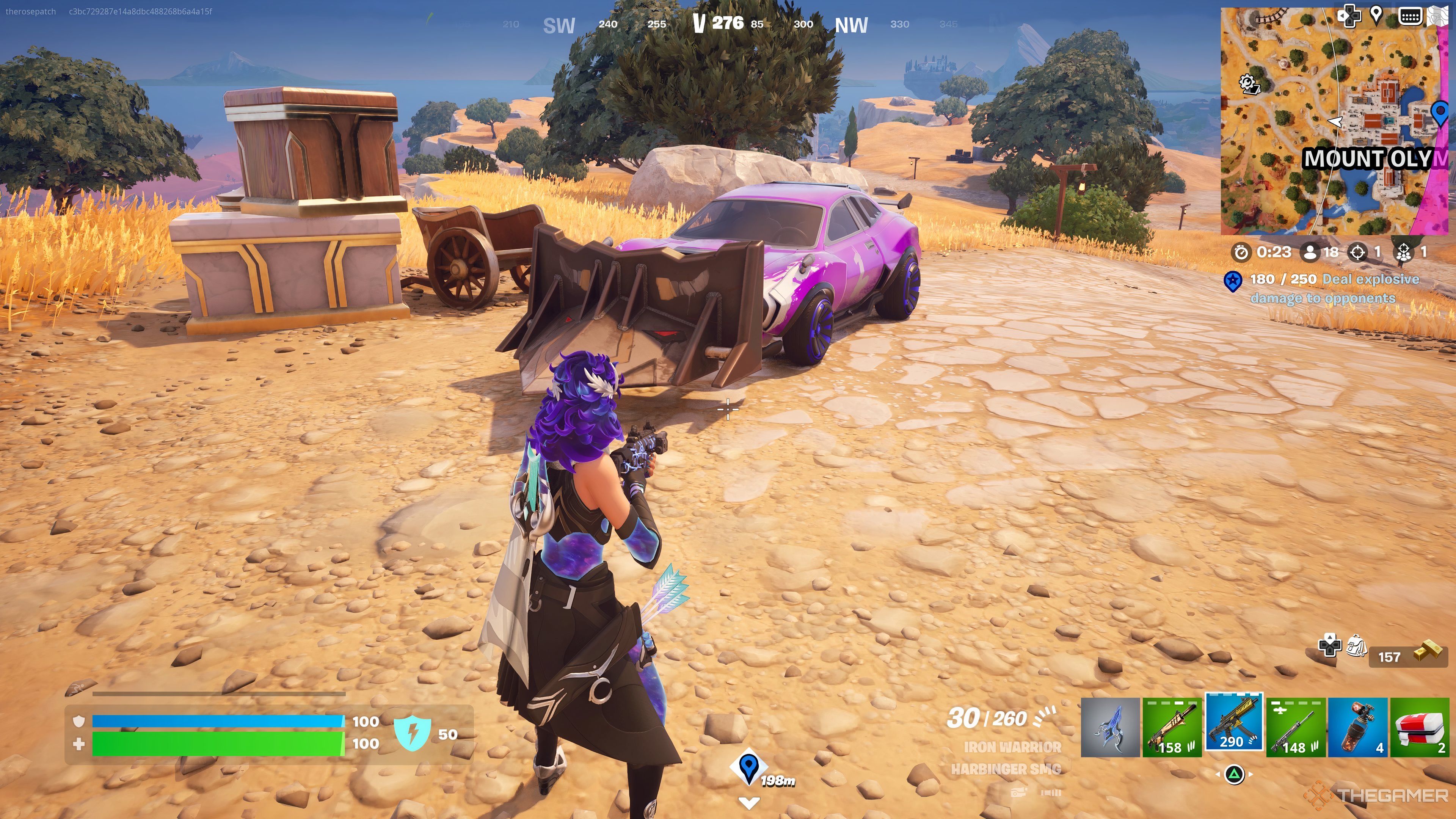 Standing near Mount Olympus in front of car with Cow Catcher added to the front of the car in Fortnite: Chapter 5, Season 3. 